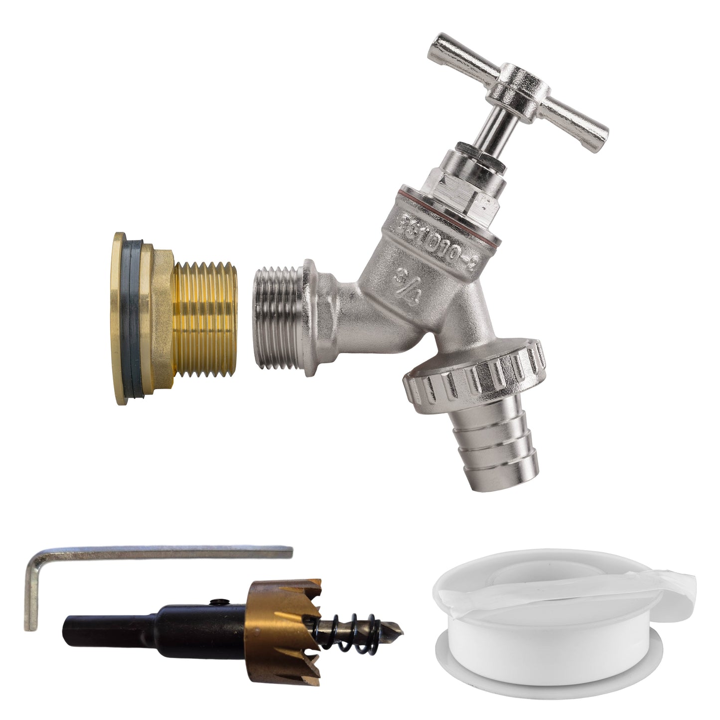Water Butt Brass Kit 1in with Nickel Plated Barbed Tap and Drill Bit Tap Adapter