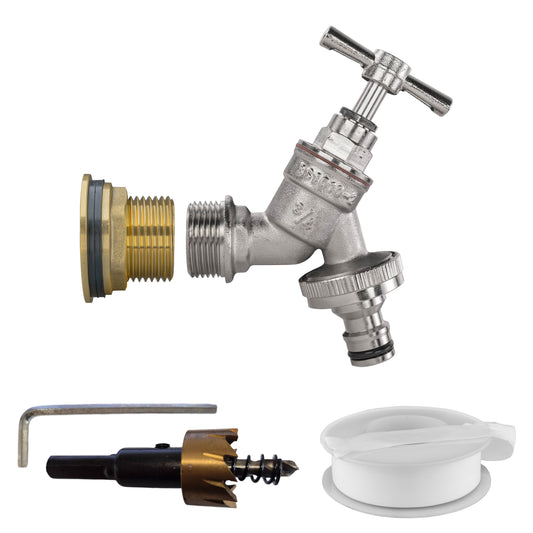 Water Butt Brass Kit 1in with Nickel Plated Quick Connect Tap and Drill Bit