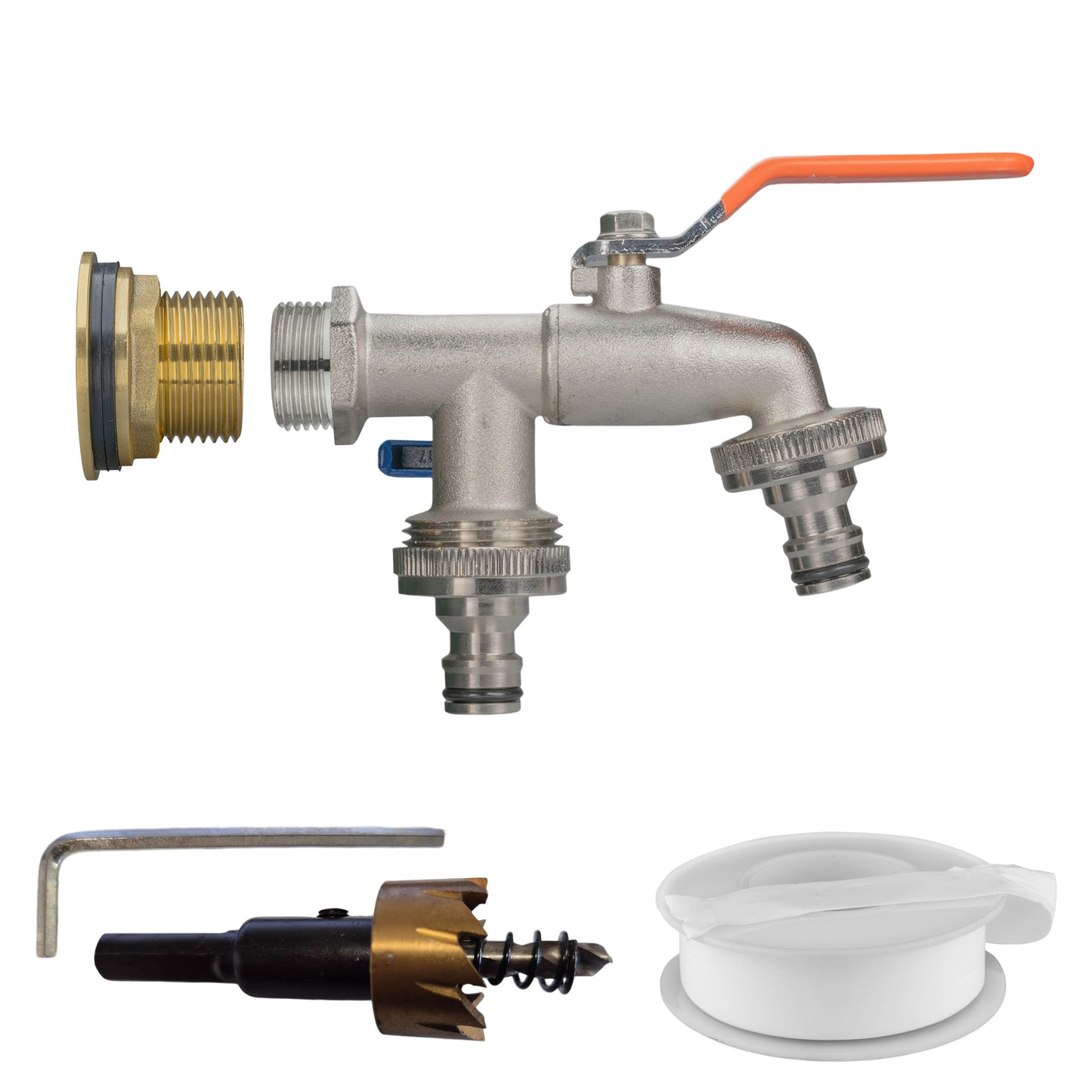 Water Butt Brass Kit 1in with Double Quick Connect Tap and Drill Bit Tap Adapter