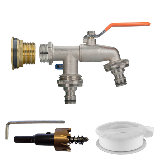 Water Butt Brass Kit 1in with Double Quick Connect Tap and Drill Bit Tap Adapter