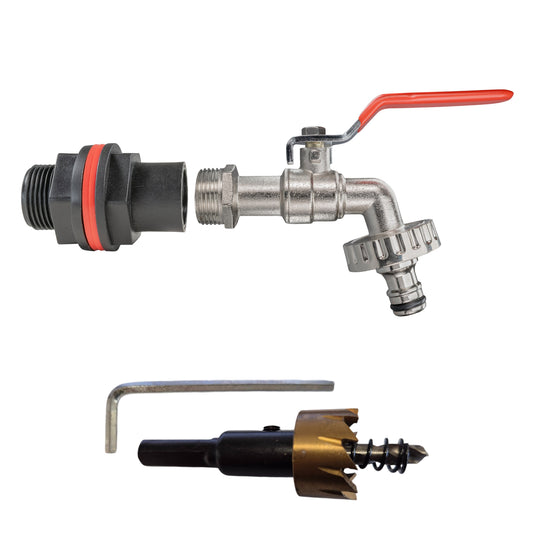 Water Butt Kit 3/4in with Quick Connect Lever Tap and Drill Bit Garden Hose Pipe