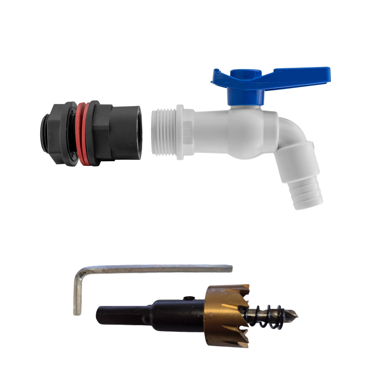 Water Butt Kit 3/4in with White PVC Tap and Drill Bit for DIY Workshop Accessory