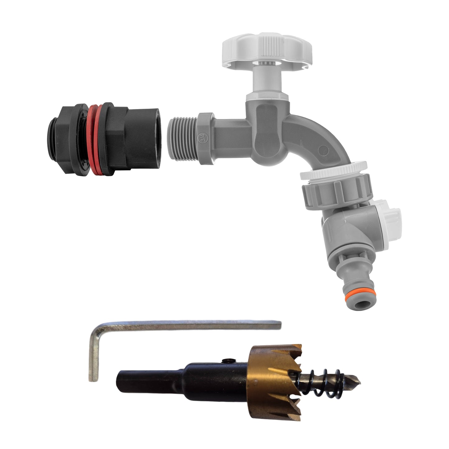 Water Butts Kit 3/4in PP WL Tap and Tap Splitter and Drill Bit Hose Pipe Fitting