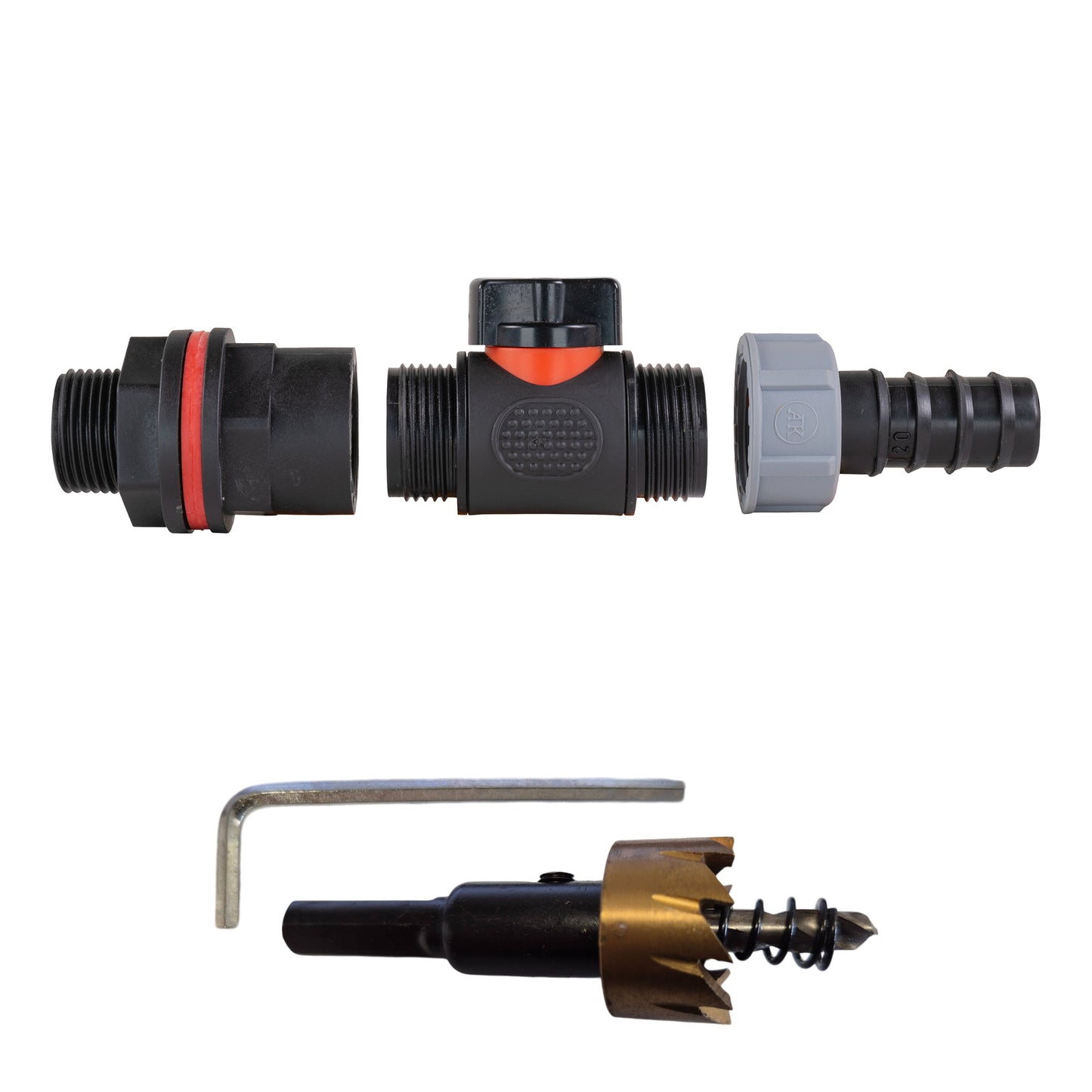 Water Butt Kit 3/4in with In-Line Valve + 3/4in Barb and Drill Bit