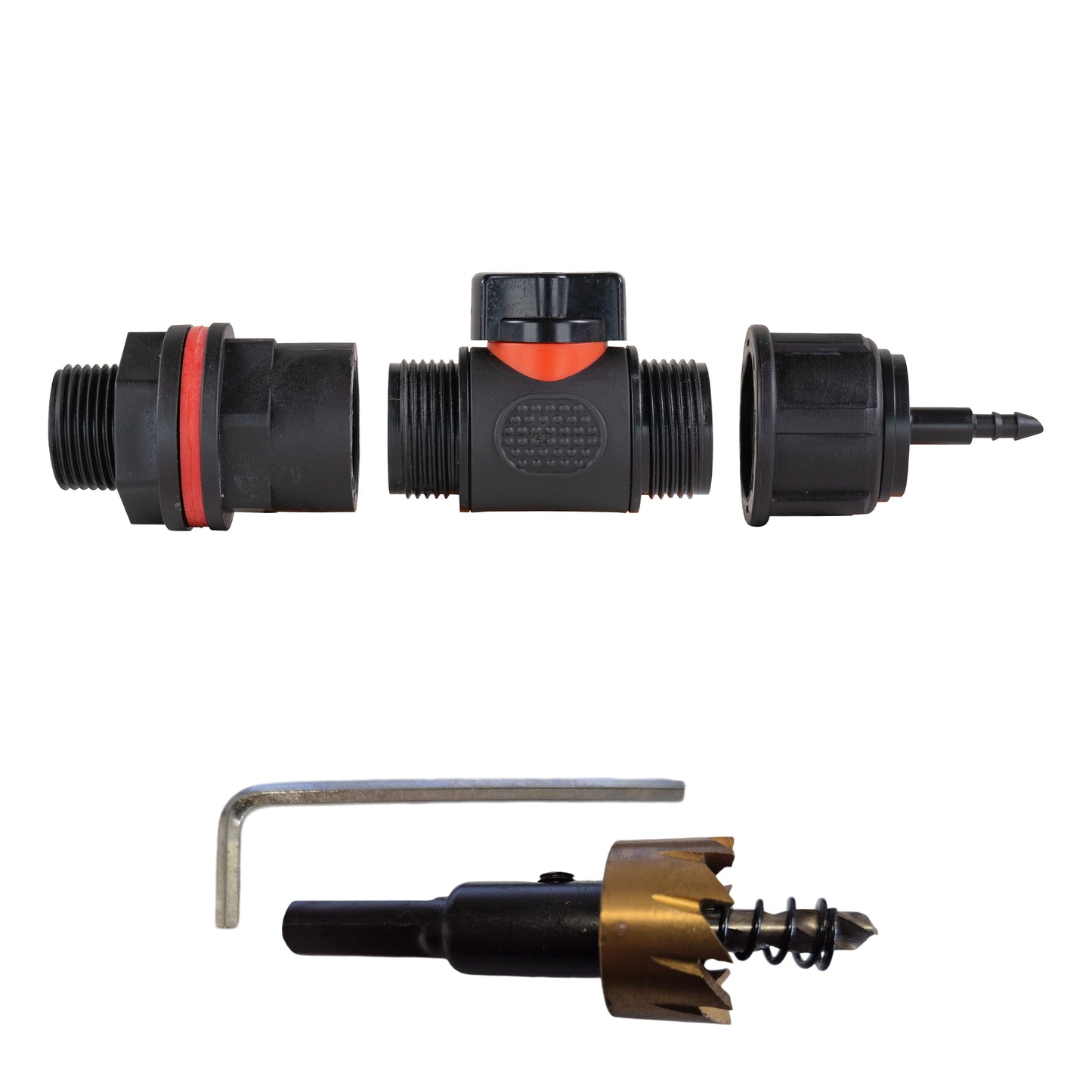 Water Butt Kit 3/4in with In-Line Valve + 4mm Micro Barb and Drill Bit