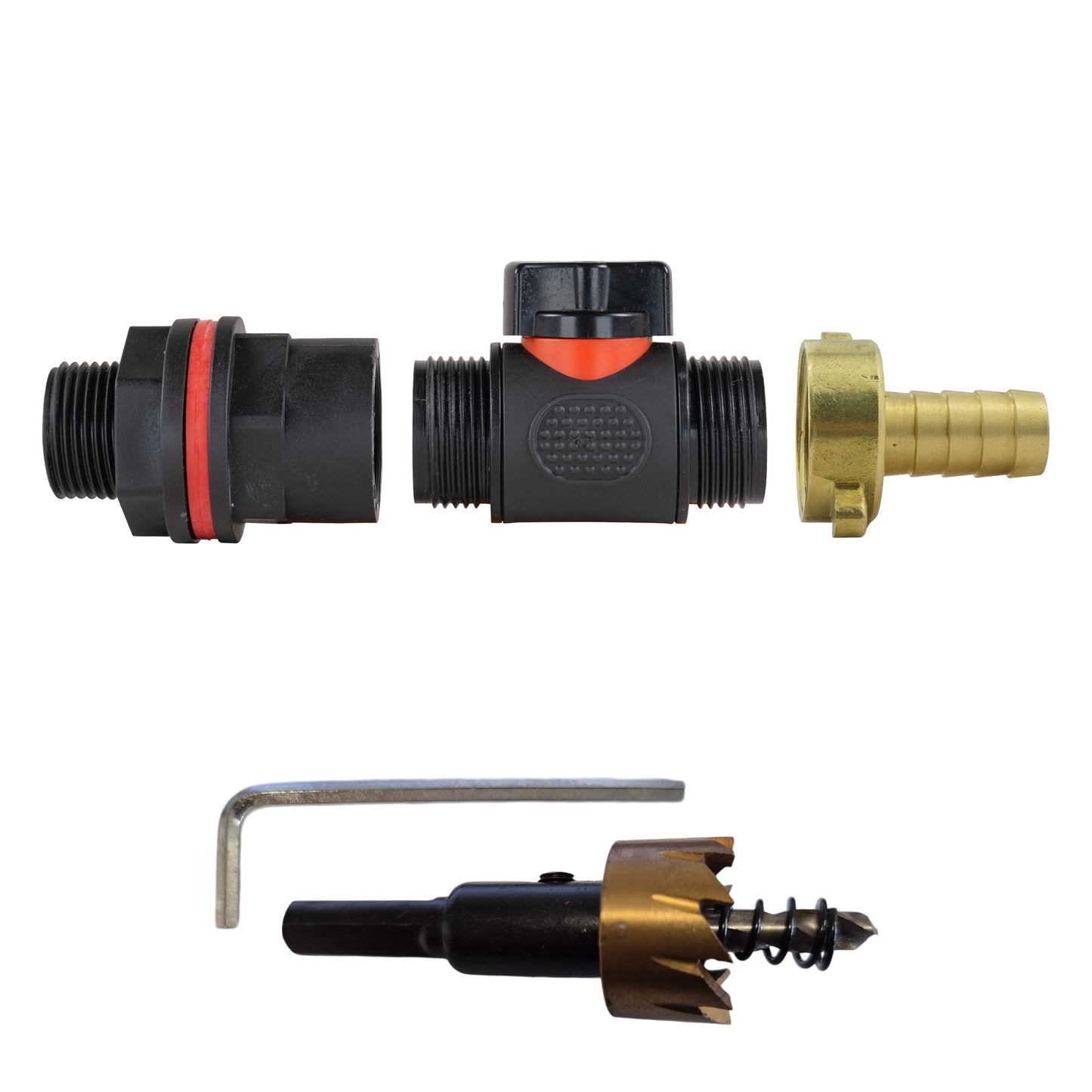 Water Butt Kit 3/4in with In-Line Valve + 13mm Brass Barb and Drill Bit