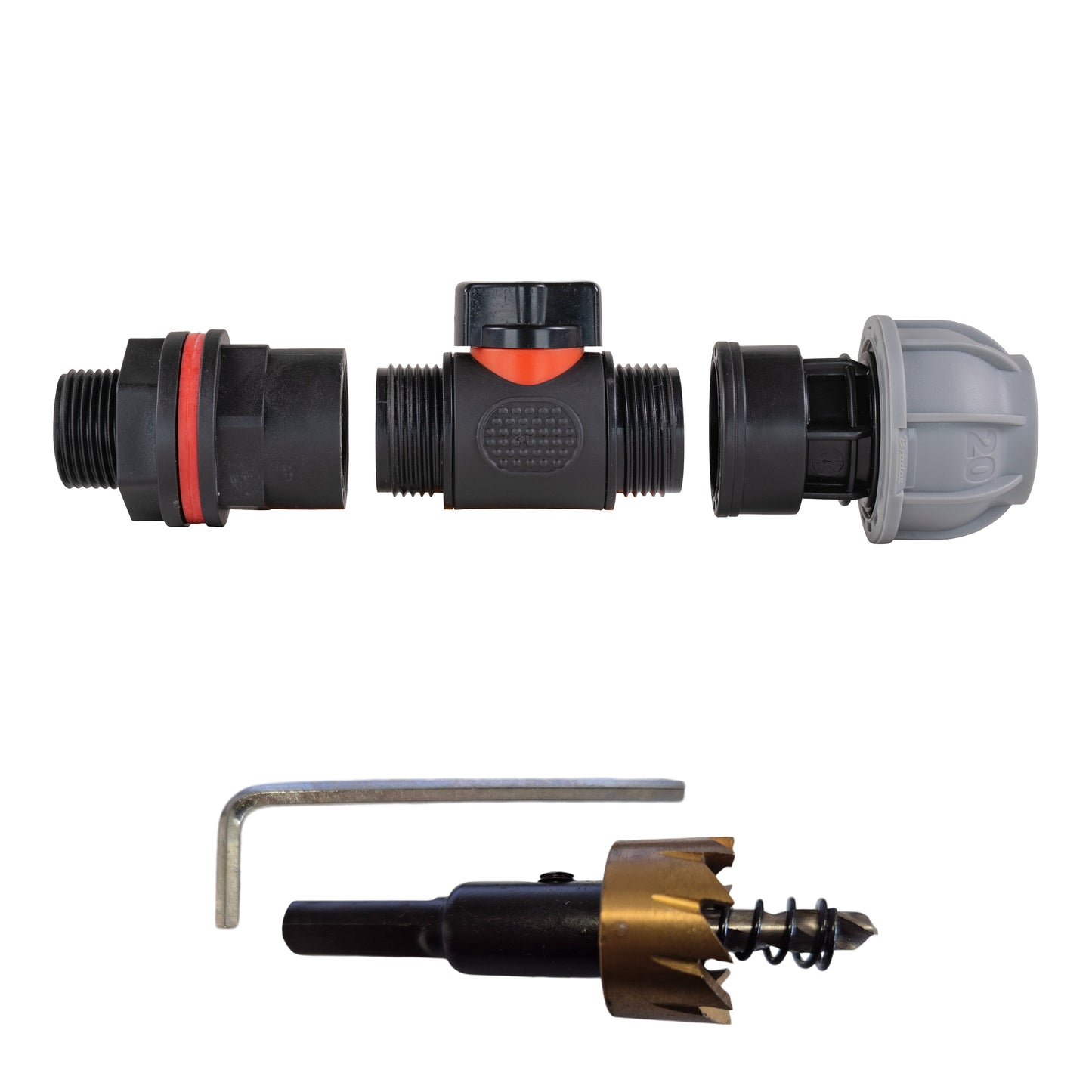 Water Butt Kit 3/4in with In-Line Valve + 25mm MDPE Joiner and Drill Bit