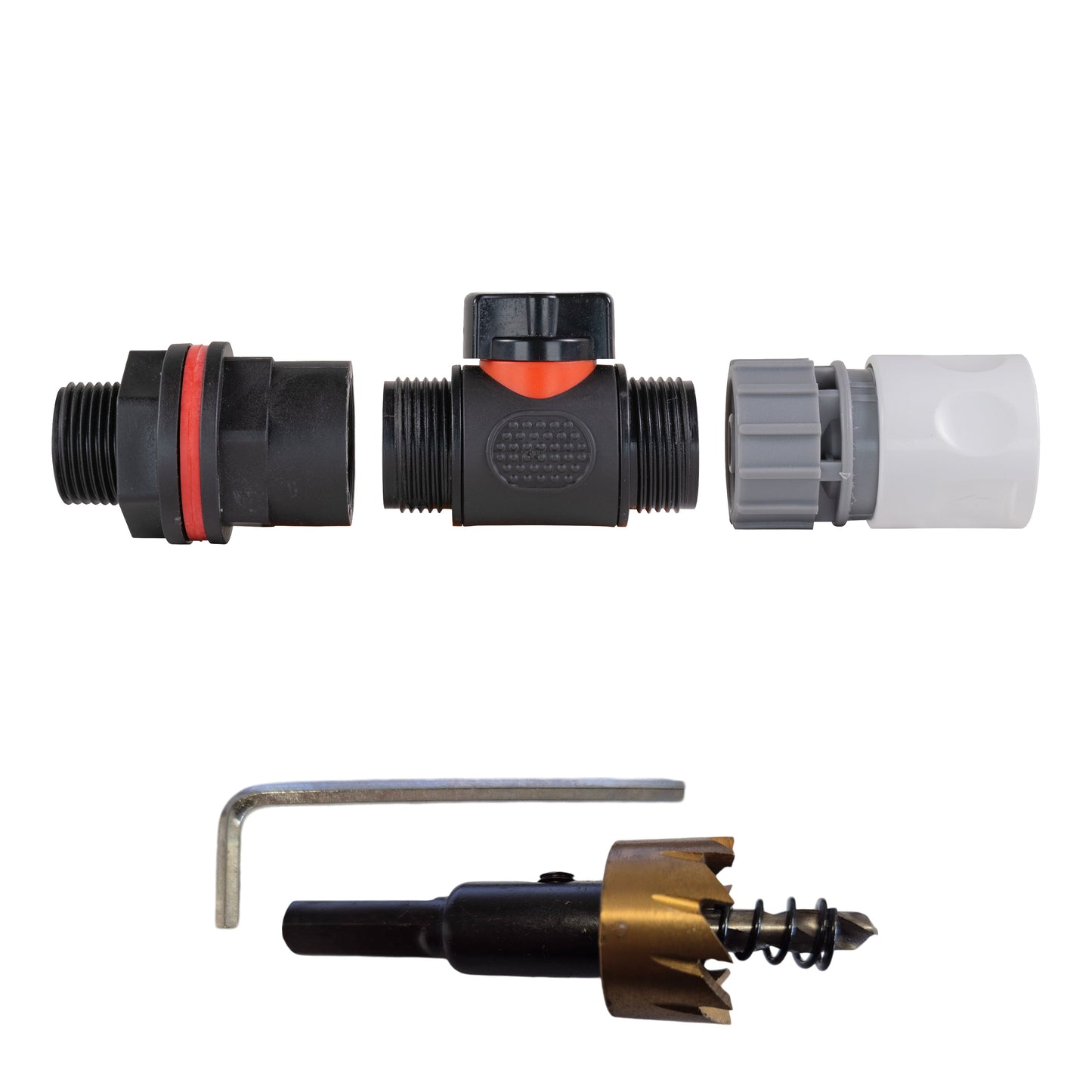 Water Butt Kit 3/4in with In-Line Valve + Female Quick Connector WL and Drill Bi