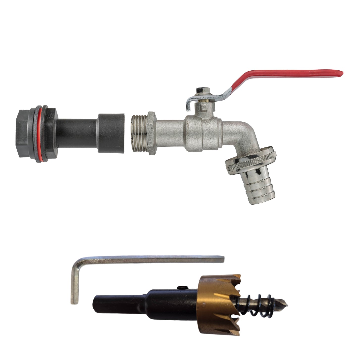 Water Butt Extension Kit 1/2in with Barbed Lever Tap and Drill Bit Tap Adapter