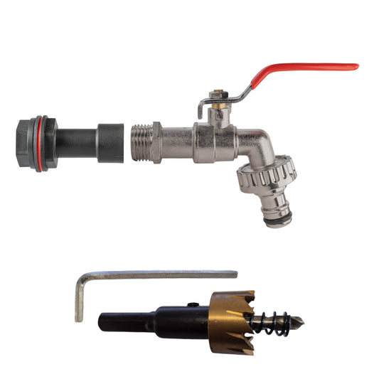 Water Butt Extension Kit 1/2in with Quick Connect Lever Tap and Drill Bit