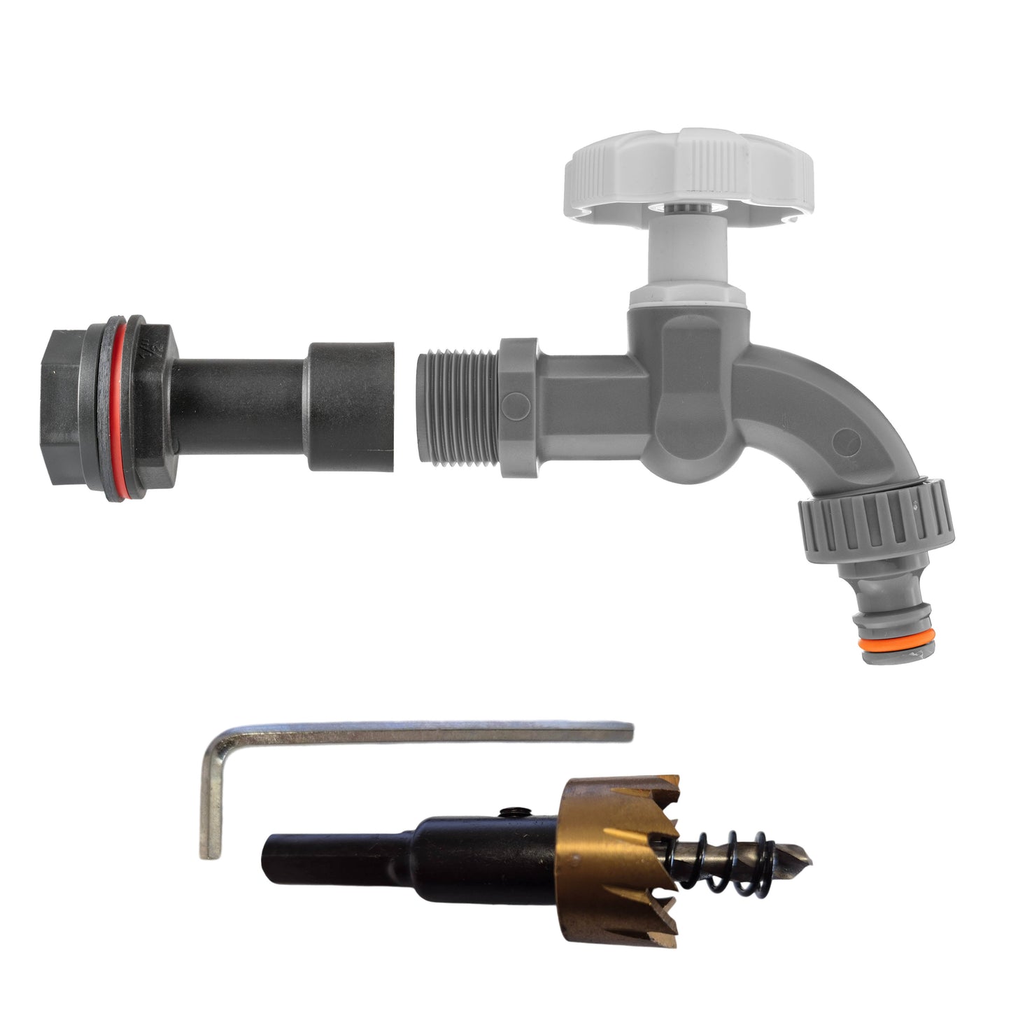 Water Butt Extension Kit 1/2in with Grey Dial Tap and Drill Bit Garden Hose Pipe