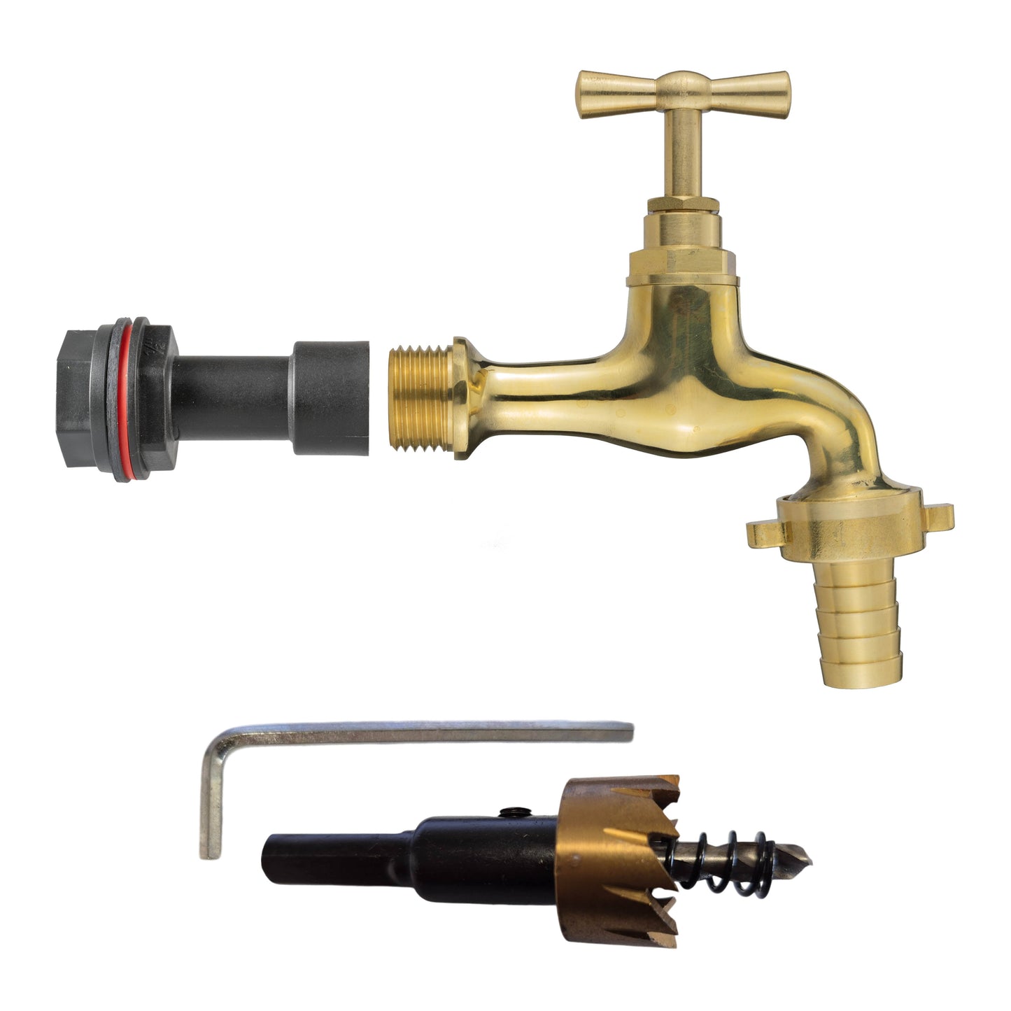 Water Butt Extension Kit 1/2in with 13mm Barbed Polished Brass Tap and Drill Bit