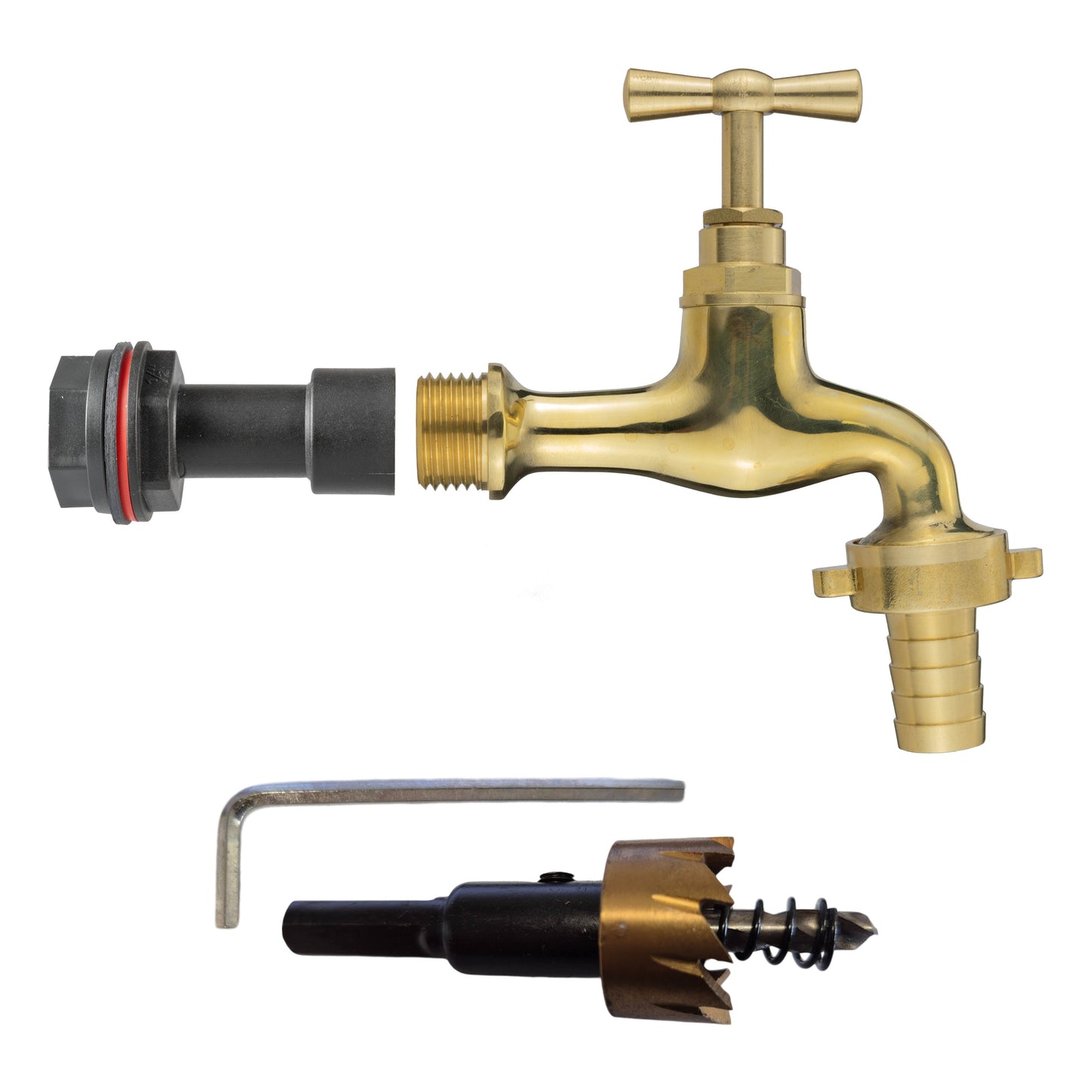 Water Butt Extension Kit 1/2in with 19mm Barbed Polished Brass Tap and Drill Bit
