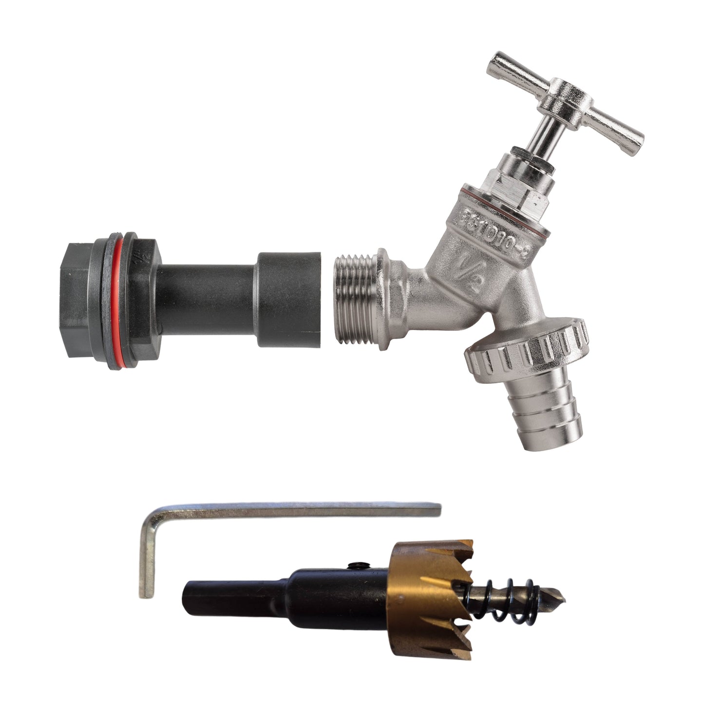 Water Butt Extension Kit 1/2in with Nickel Plated Barbed Tap and Drill Bit