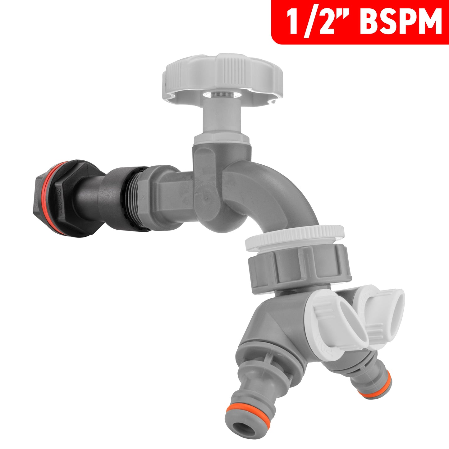 Water Butt Extension Kit 1/2in with Grey Dial Tap + Two-Way Splitter Tap Adapter