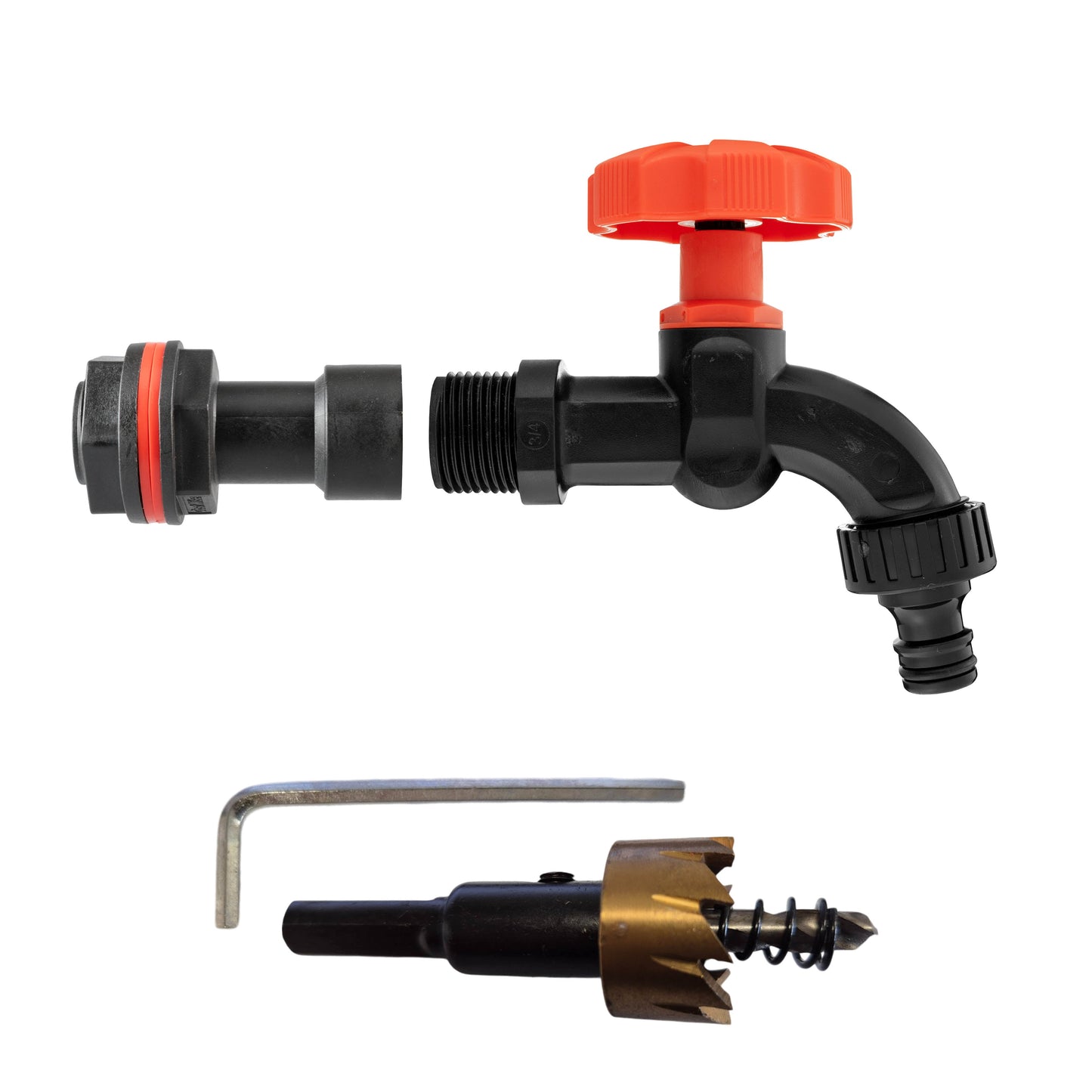 Water Butt Extension Kit 3/4in with Black Dial Tap and Drill Bit Water Connector