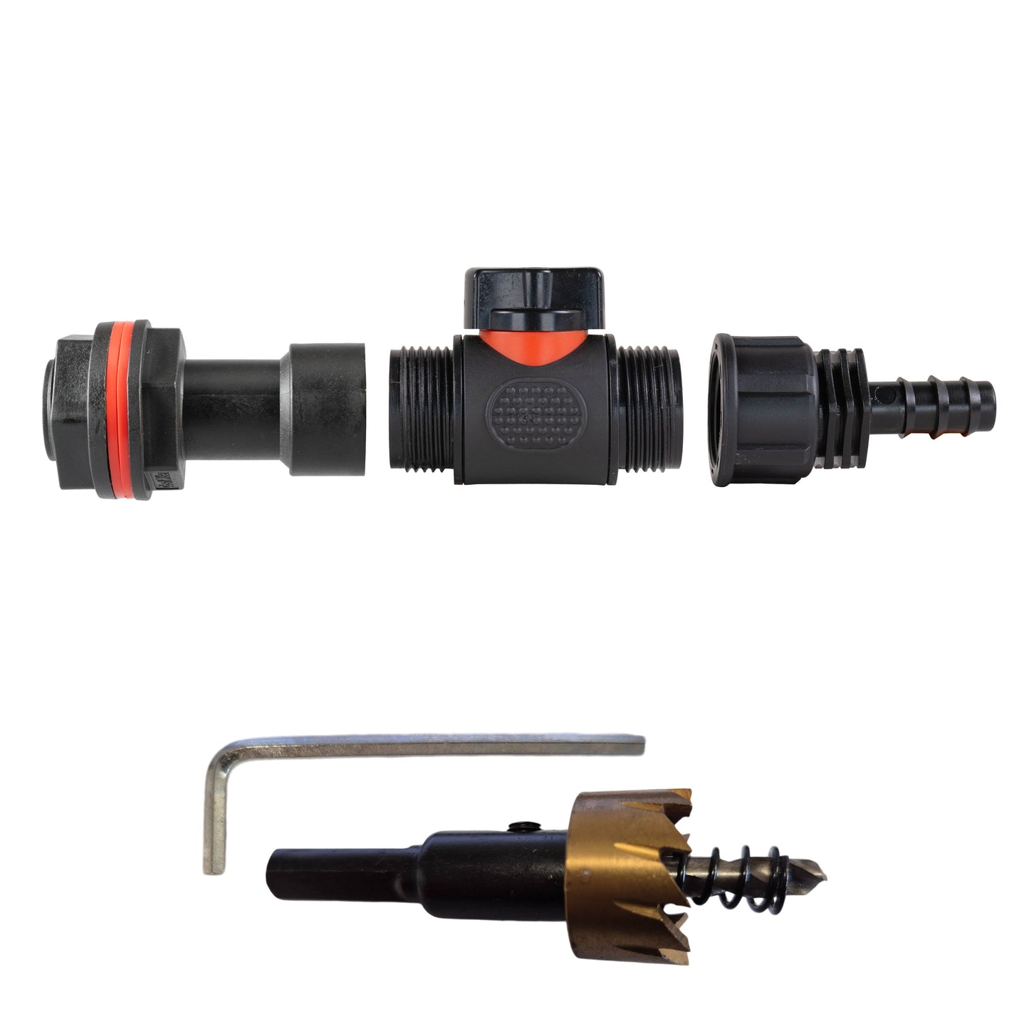 Water Butt Extension Kit 3/4in with In-Line Valve + 16mm Barb and Drill Bit