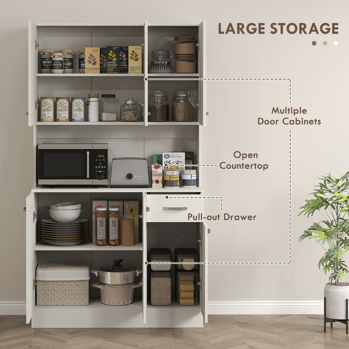 HOMCOM Freestanding Kitchen Cupboard, Storage Cabinet with Doors Cream White