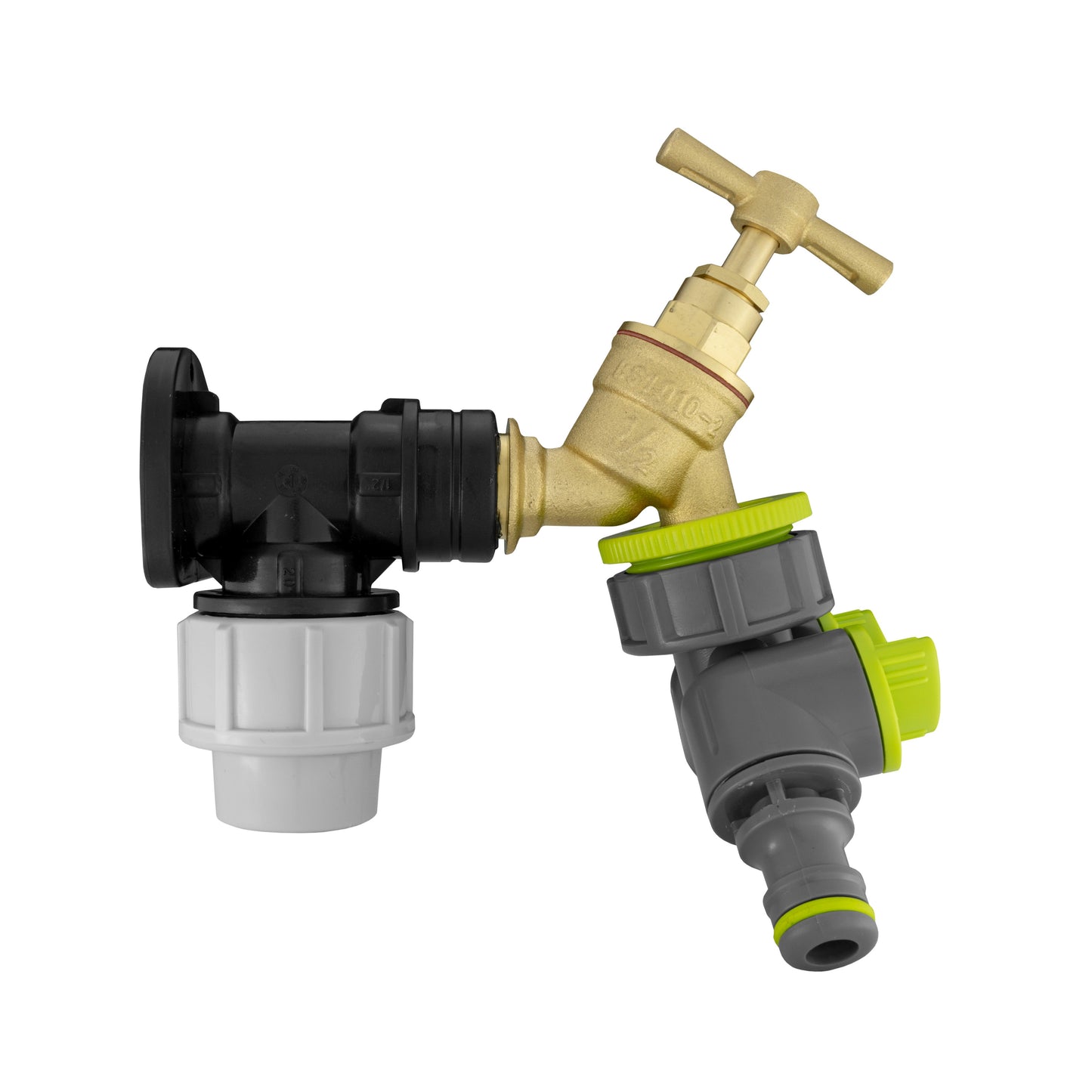 Wall Flange Kit 20mm MDPE - Brass Tap and Two Way Splitter for Hose Pipe Fitting