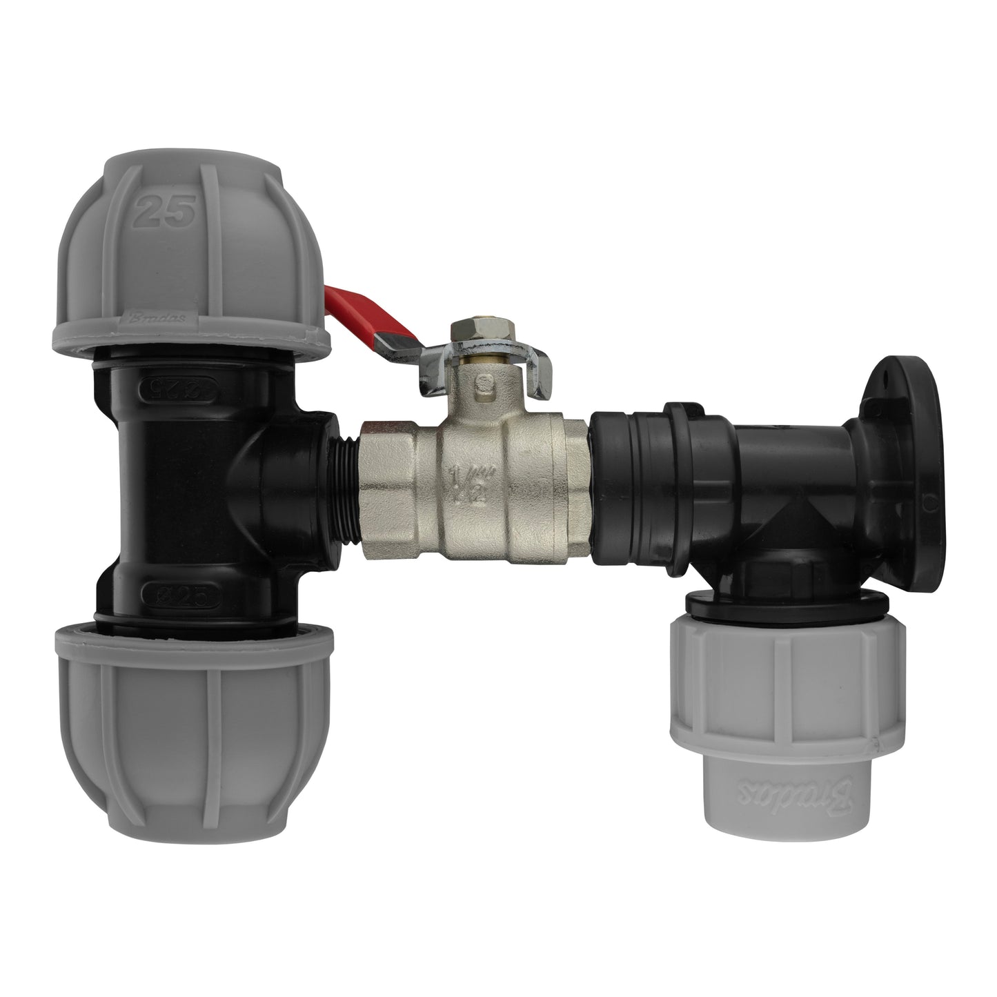 Wall Flange Kit 20mm MDPE - Lever Valve and 25mm MDPE Tee Outlet Water Connector