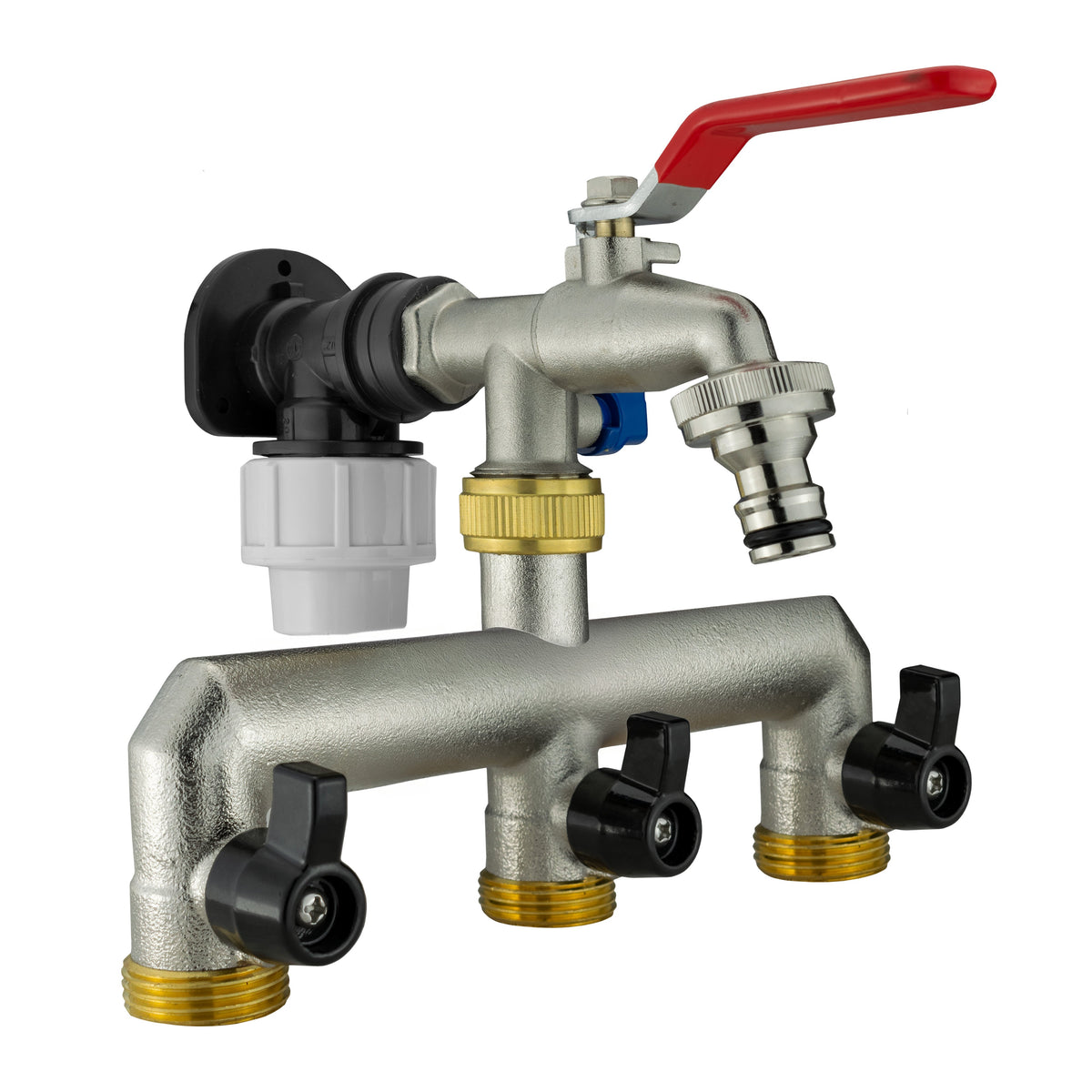 Wall Flange Kit 20mm MDPE + Triple Outlet Metal Splitter Tap for Water Connector