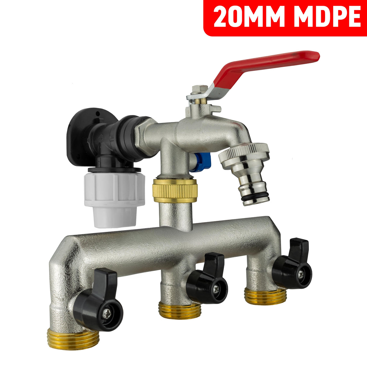 Wall Flange Kit 20mm MDPE + Triple Outlet Metal Splitter Tap for Water Connector