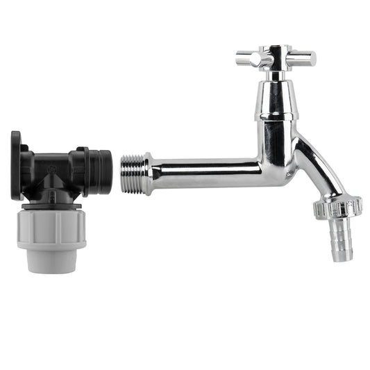 Wall Flange Kit 20mm MDPE - Extended Brass Chrome Tap 1/2in Barb Water Connector