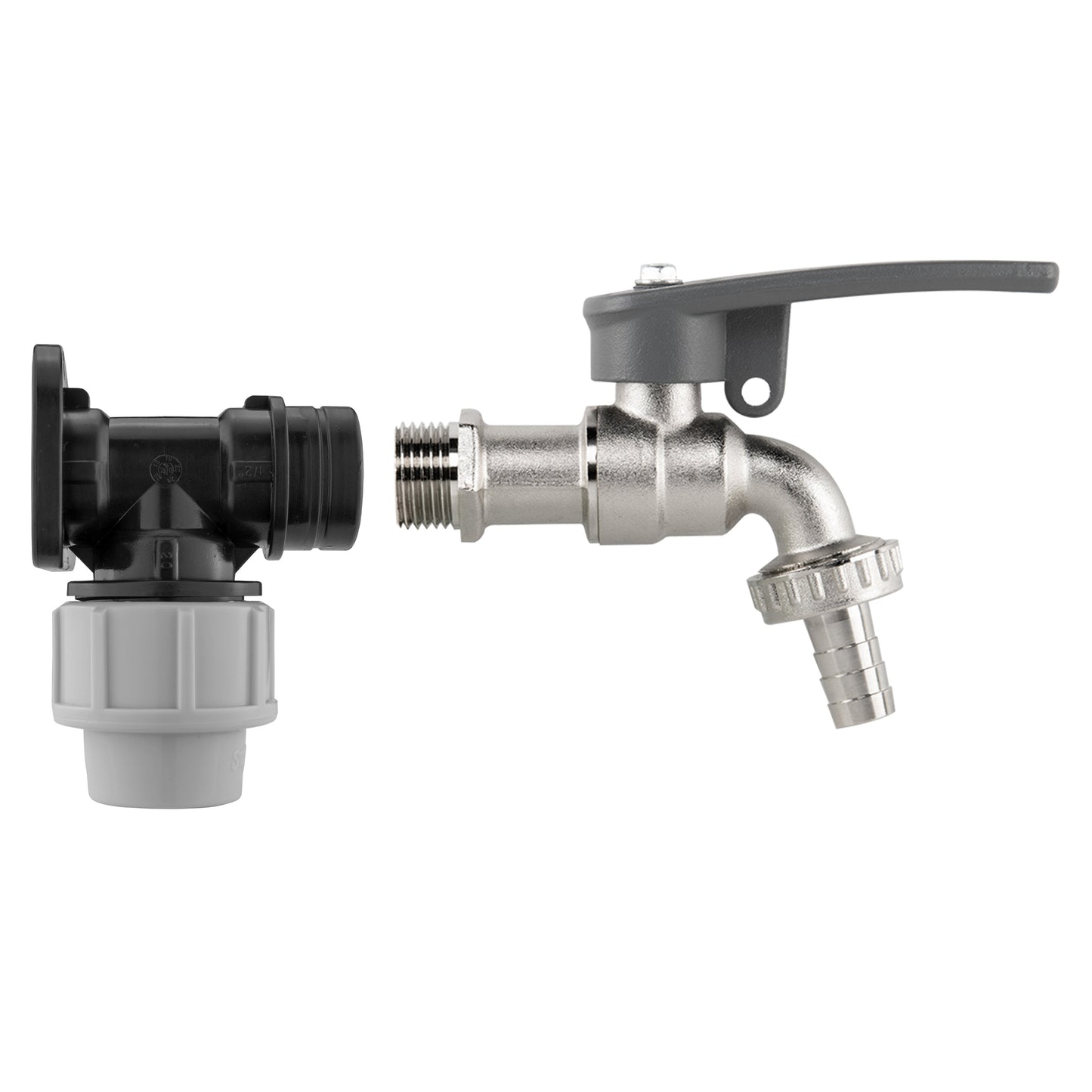 Wall Flange Kit 20mm MDPE - Lever Tap with Hose Barb and Side Lock Tap Adapter