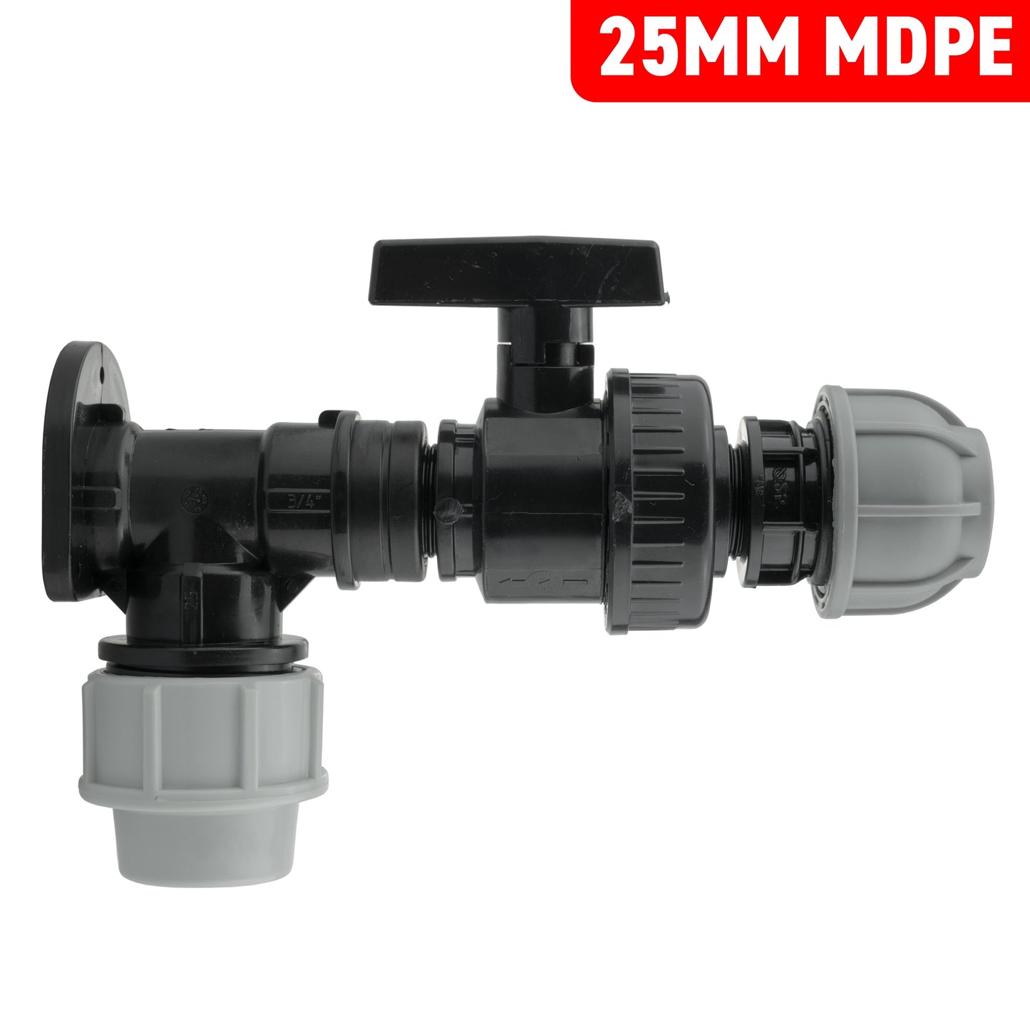 Wall Flange Kit 25mm MDPE + Large Plastic Valve and 25mm MDPE Straight