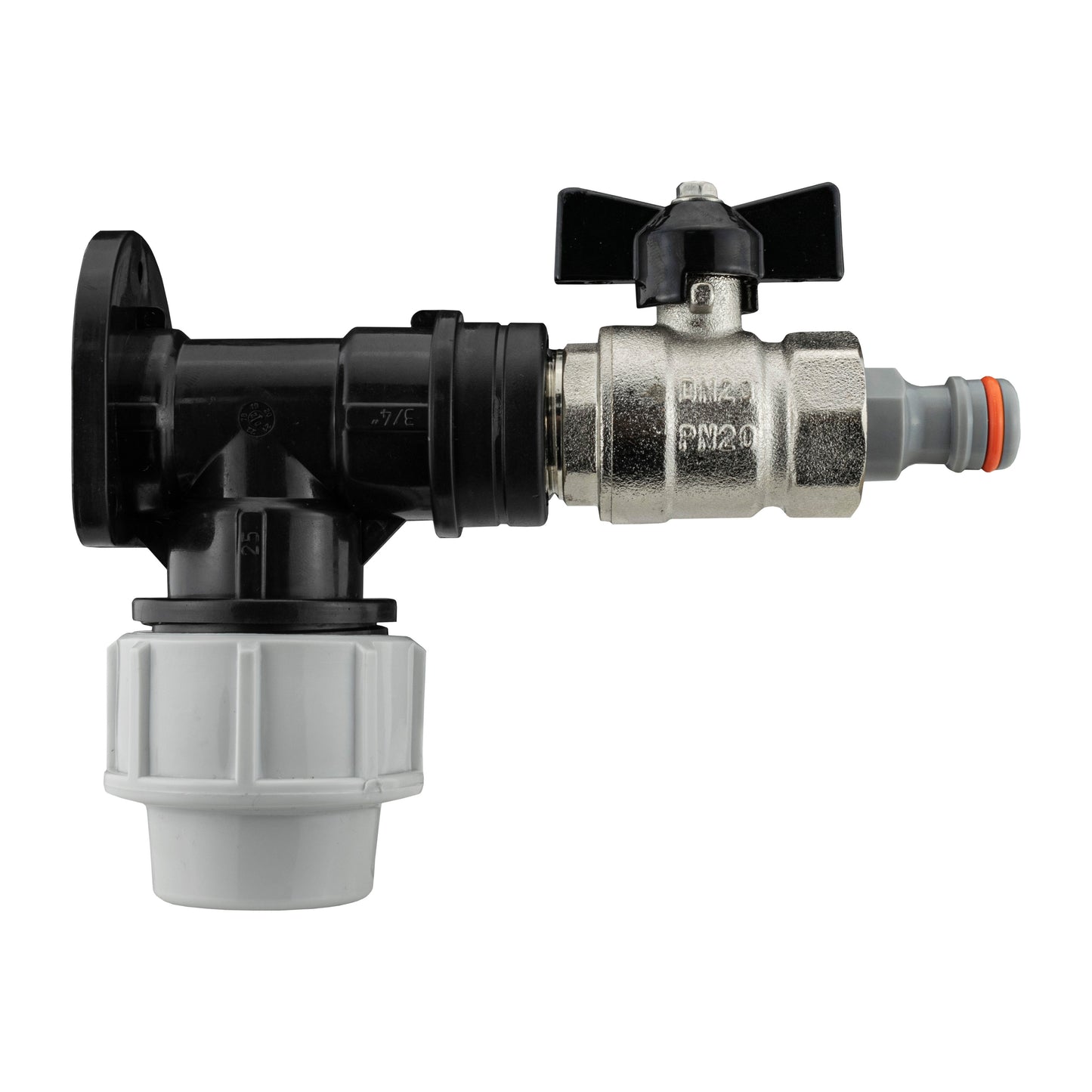 Wall Flange Kit 25mm MDPE + Bib Valve + Click Lock Male WL for Hose Pipe Fitting