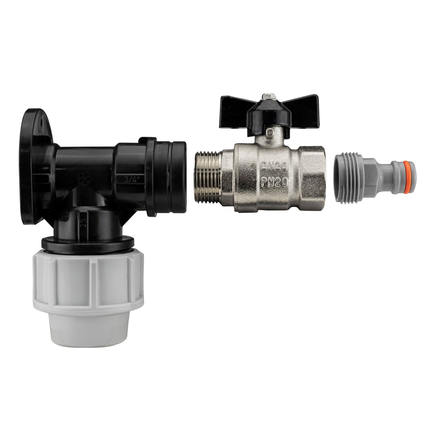 Wall Flange Kit 25mm MDPE + Bib Valve + Click Lock Male WL for Hose Pipe Fitting