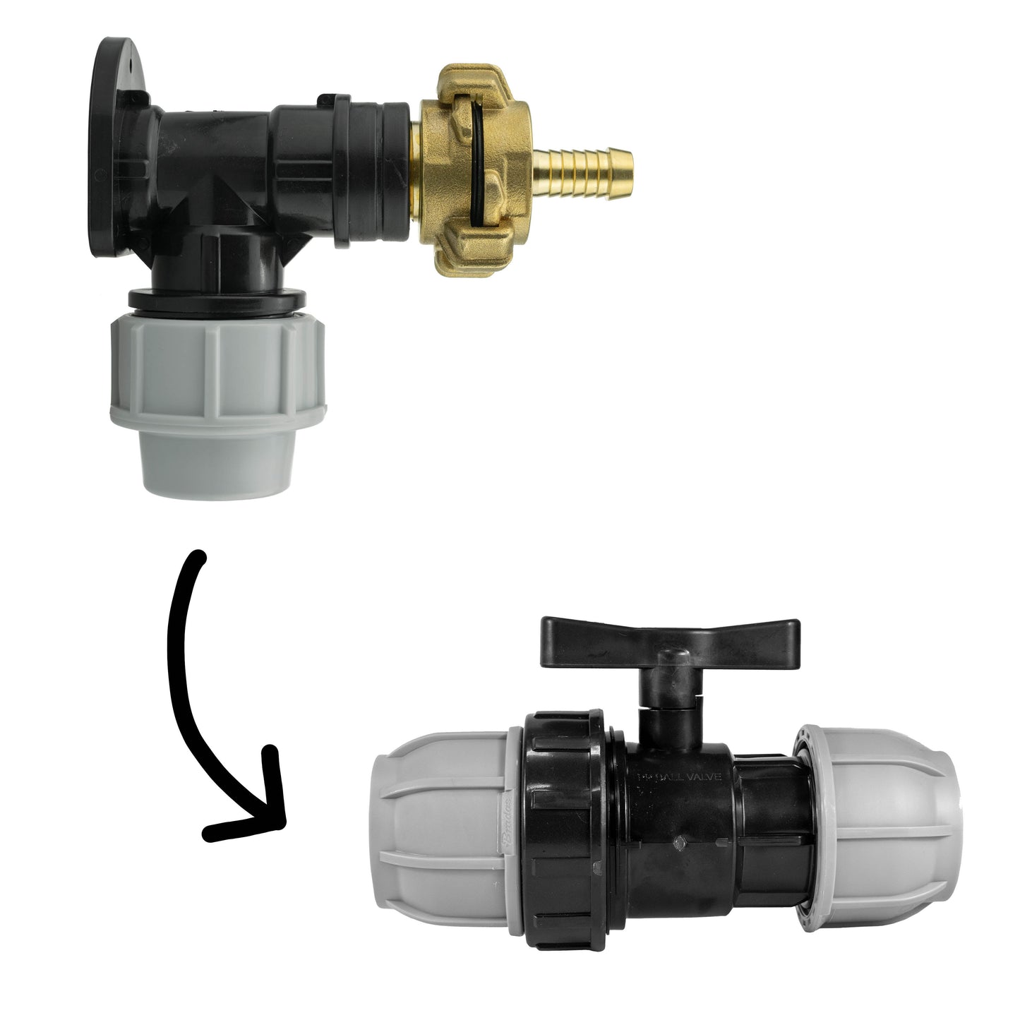 Wall Flange Kit 25mm MDPE + 25mm MDPE Valve + 13mm Barbed Geka Set Claw Coupling