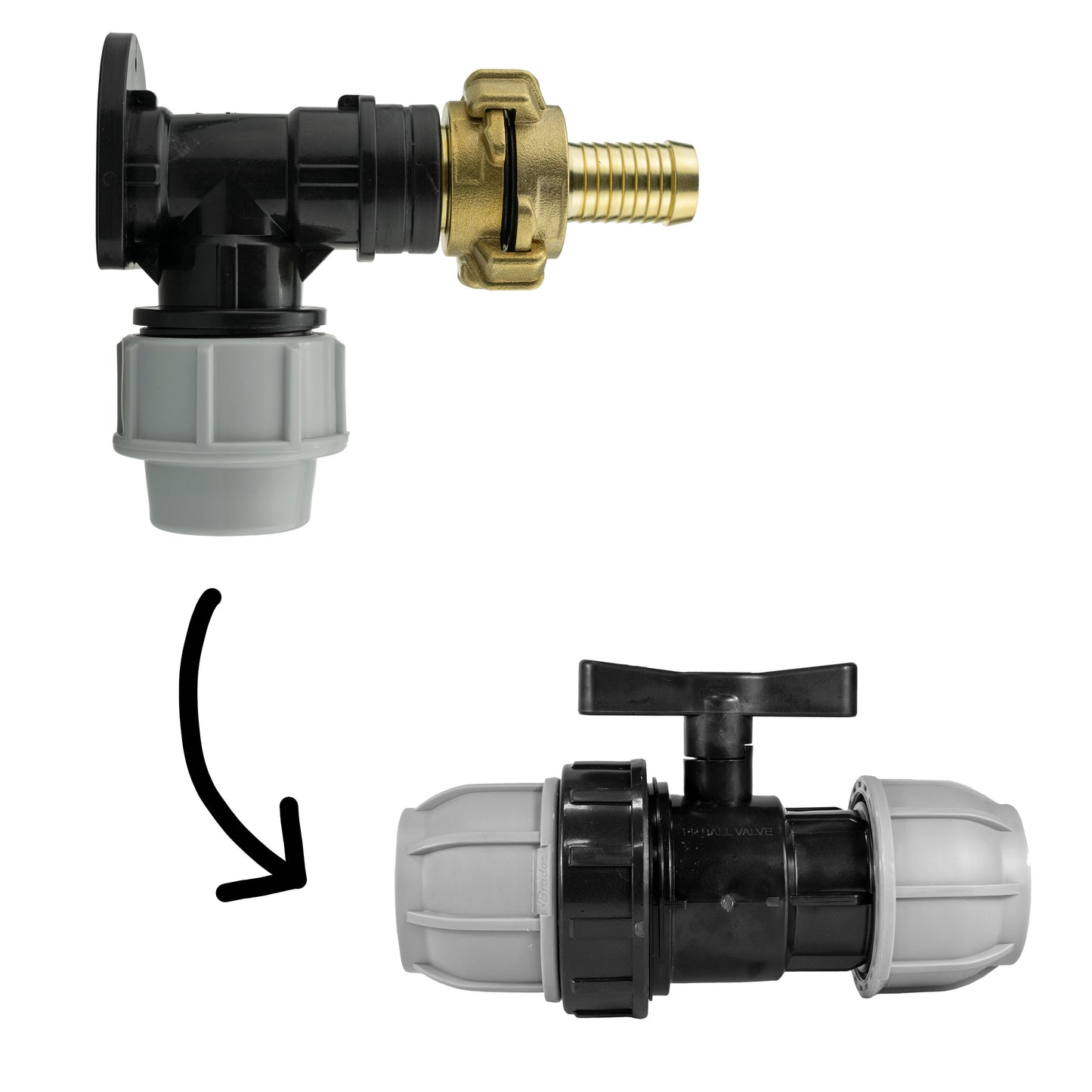 Wall Flange Kit 25mm MDPE + 25mm MDPE Valve + 19mm Barbed Geka Set Claw Coupling