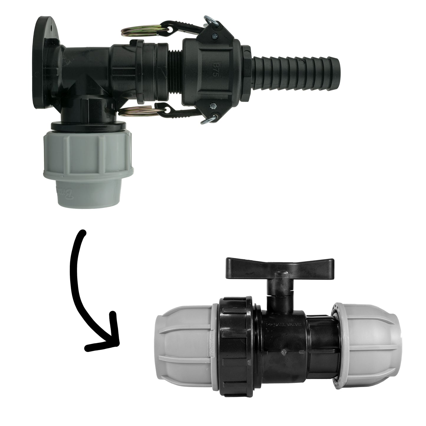 Wall Flange Kit 25mm MDPE + 25mm MDPE Valve + 3/4in Camlock Type B+E Tap Adapter