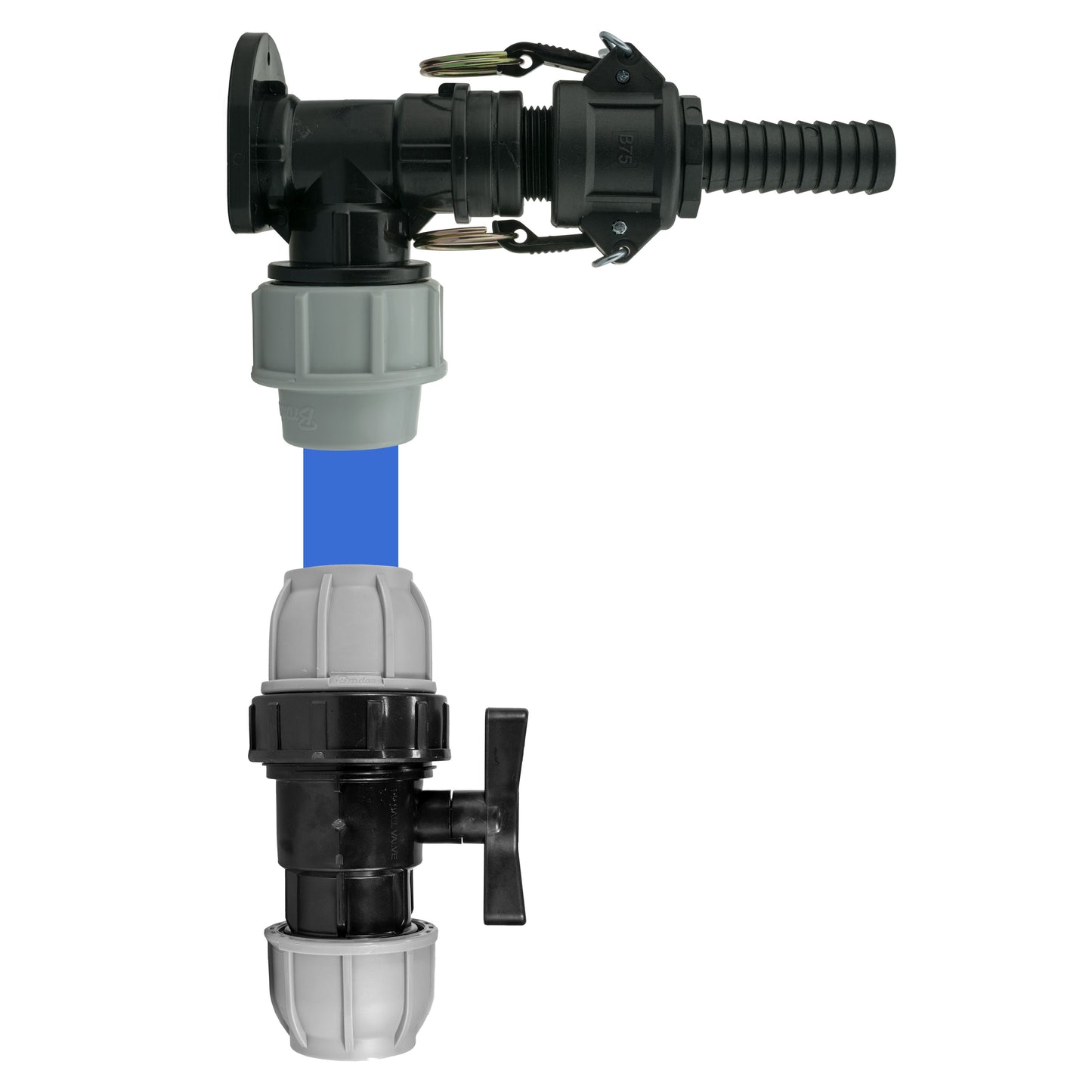 Wall Flange Kit 25mm MDPE + 25mm MDPE Valve + 3/4in Camlock Type B+E Tap Adapter