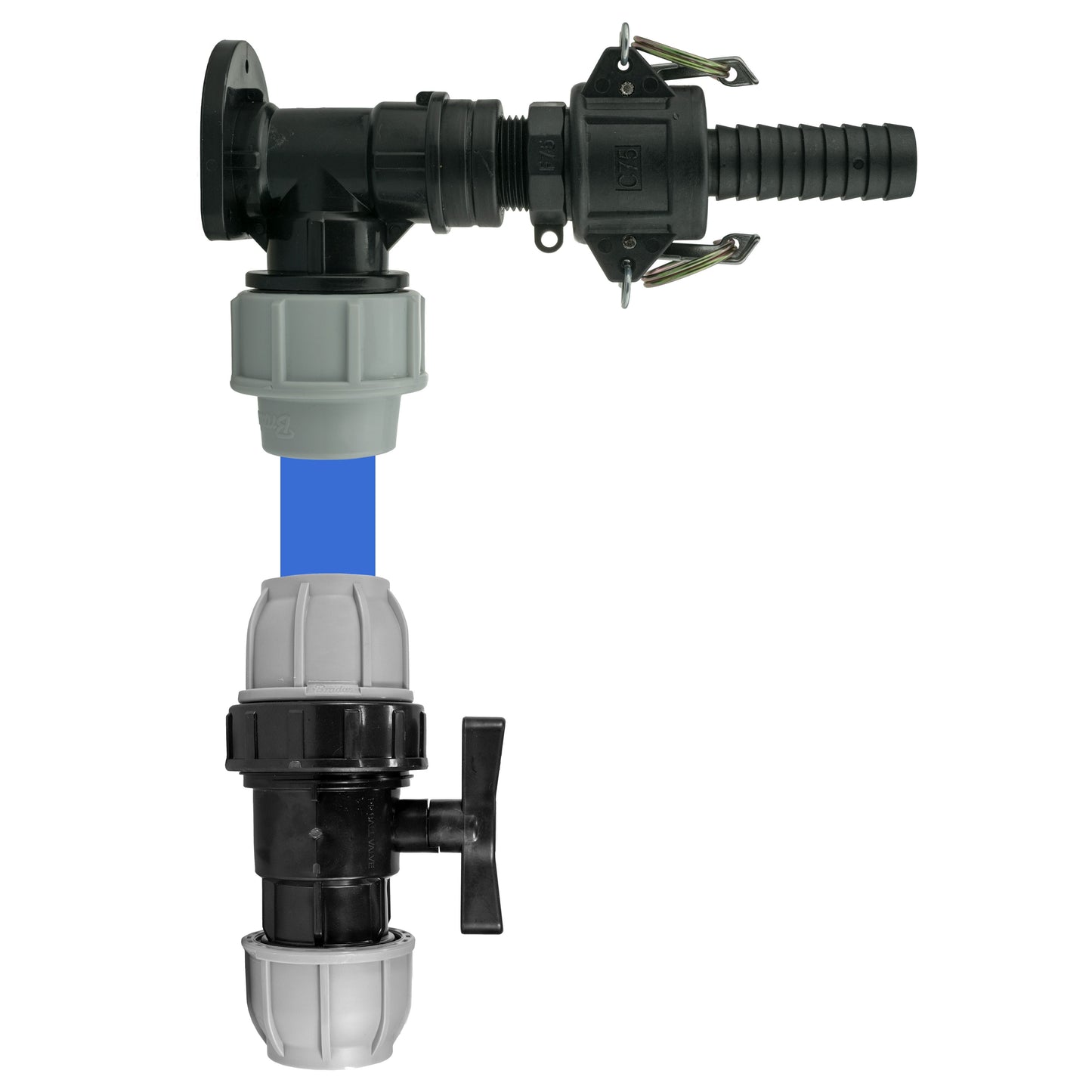 Wall Flange Kit 25mm MDPE + 25mm MDPE Valve + 3/4in Camlock Type F+C Tap Adapter