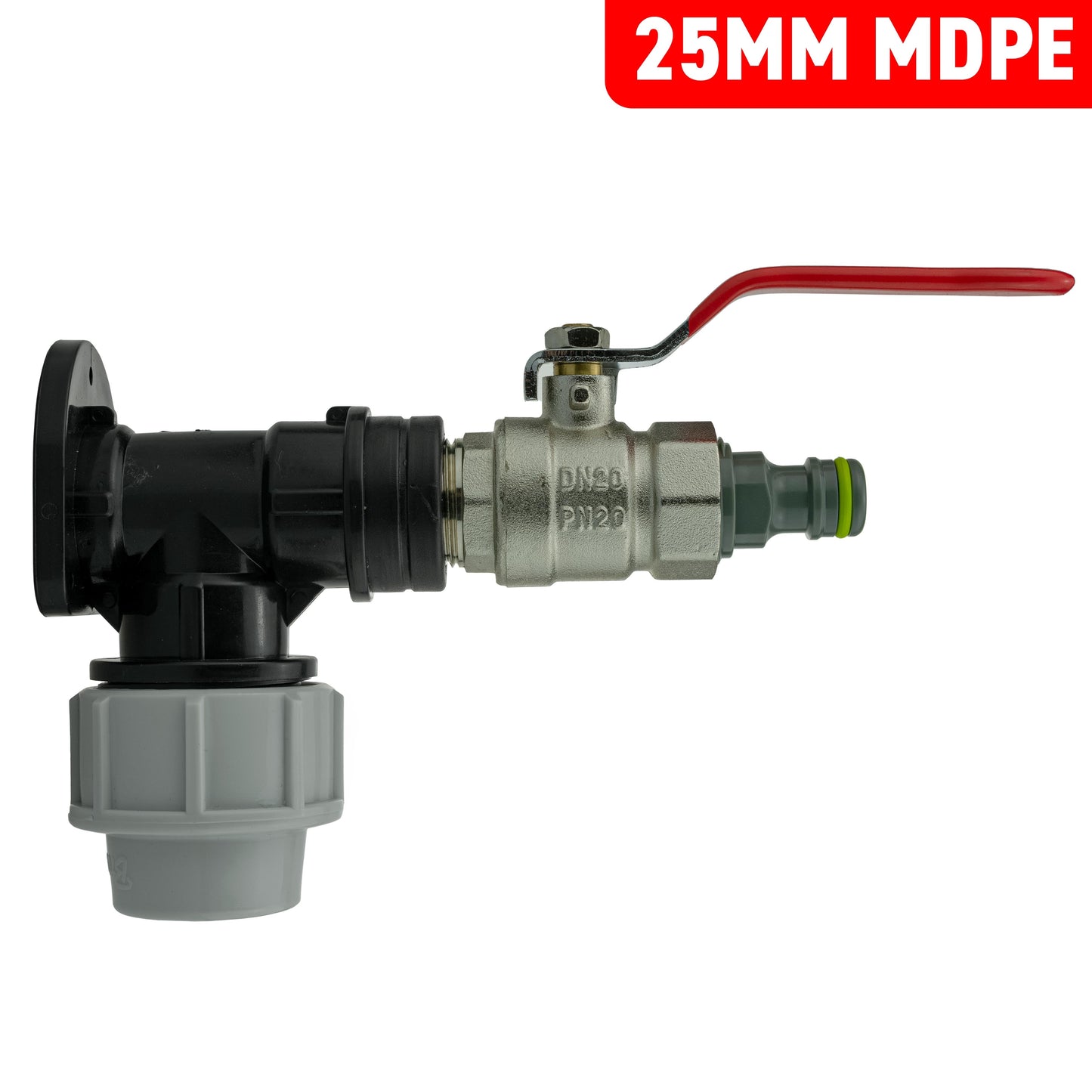 Wall Flange Kit 25mm MDPE + Lever Valve + Quick Connect Male for Water Connector