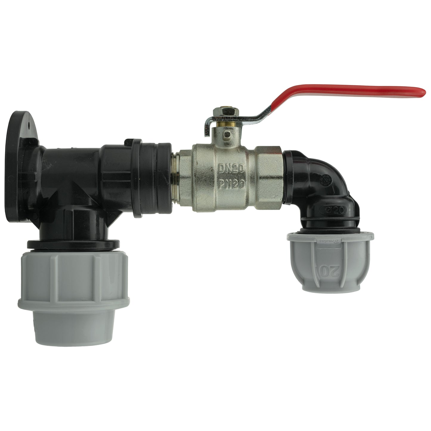 Wall Flange Kit 25mm MDPE + Lever Valve + 20mm MDPE Elbow for Hose Connector Set