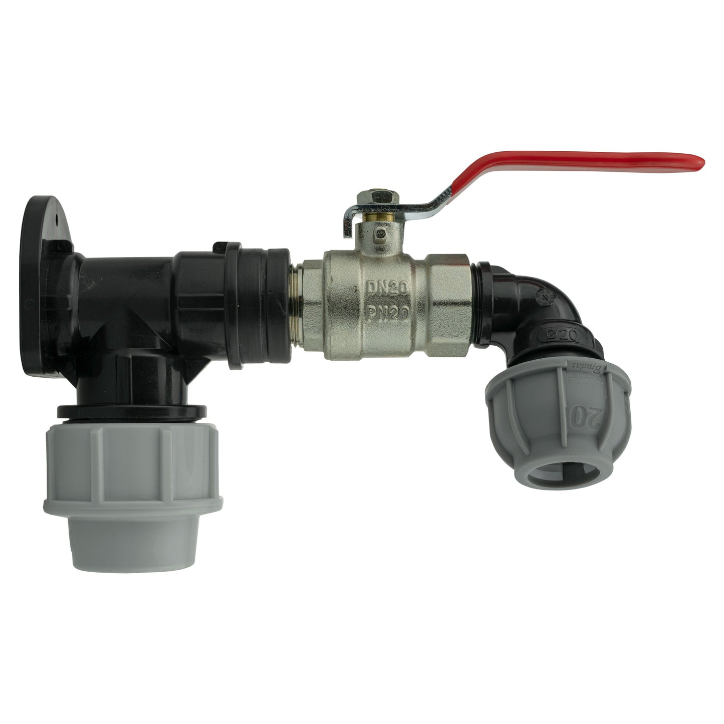 Wall Flange Kit 25mm MDPE + Lever Valve + 20mm MDPE Elbow for Hose Connector Set