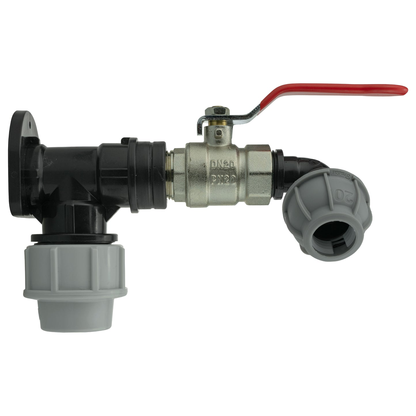 Wall Flange Kit 25mm MDPE + Lever Valve + 20mm MDPE Elbow for Hose Connector Set