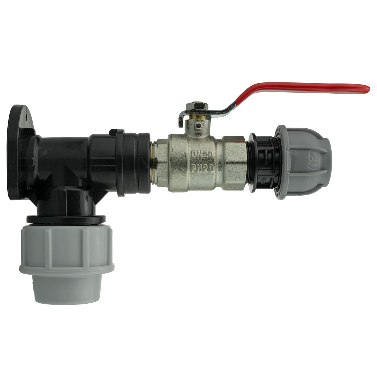Wall Flange Kit 25mm MDPE + Lever Valve + 20mm MDPE Straight for Water Connector