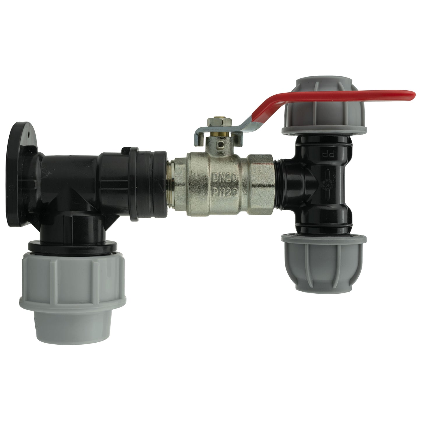Wall Flange Kit 25mm MDPE + Lever Valve + 20mm MDPE Tee for Brass Water Fitting
