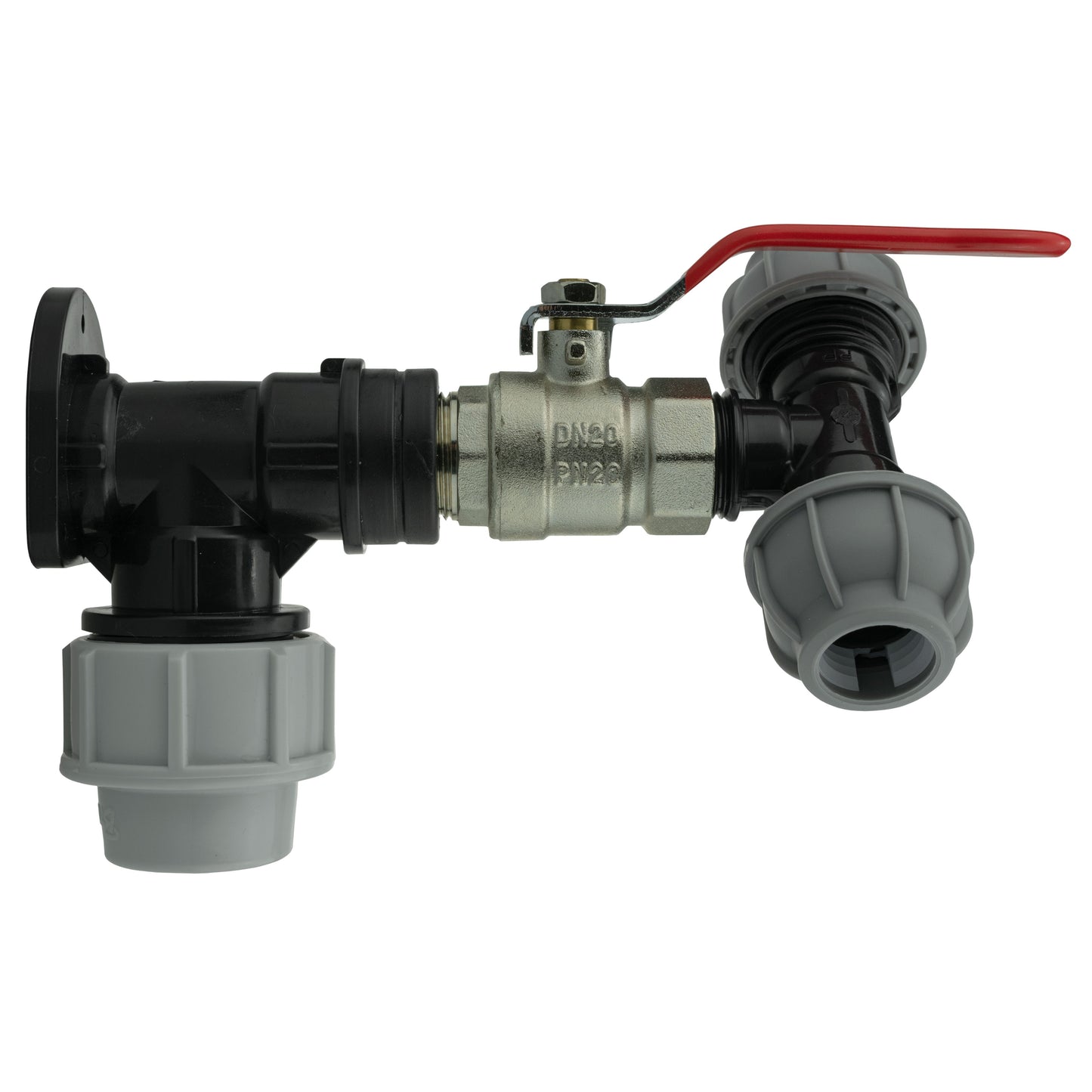 Wall Flange Kit 25mm MDPE + Lever Valve + 20mm MDPE Tee for Brass Water Fitting