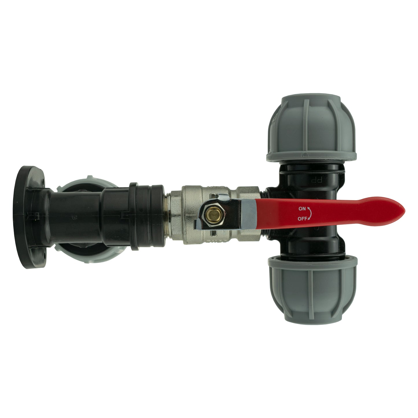 Wall Flange Kit 25mm MDPE + Lever Valve + 25mm MDPE Tee for Brass Water Fitting