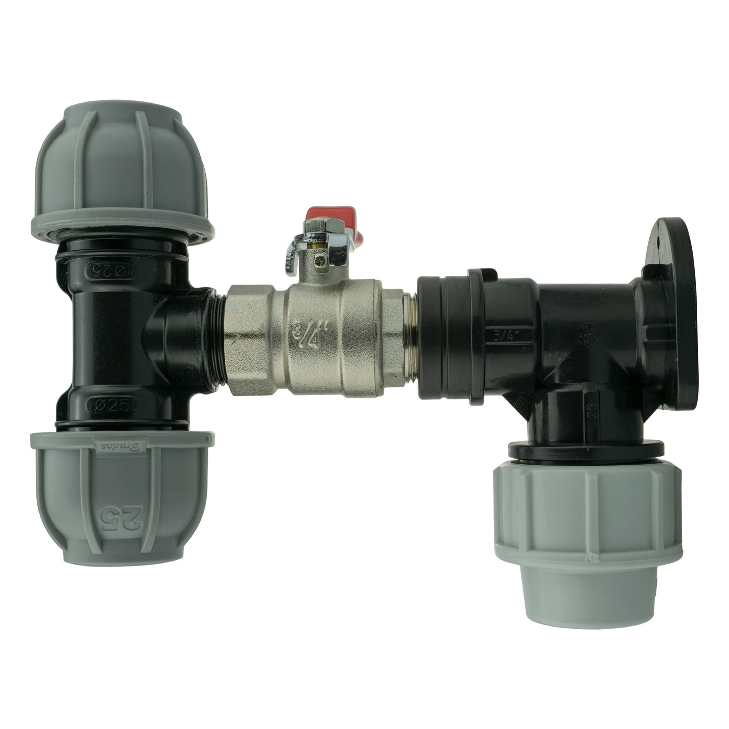 Wall Flange Kit 25mm MDPE + Lever Valve + 25mm MDPE Tee for Brass Water Fitting