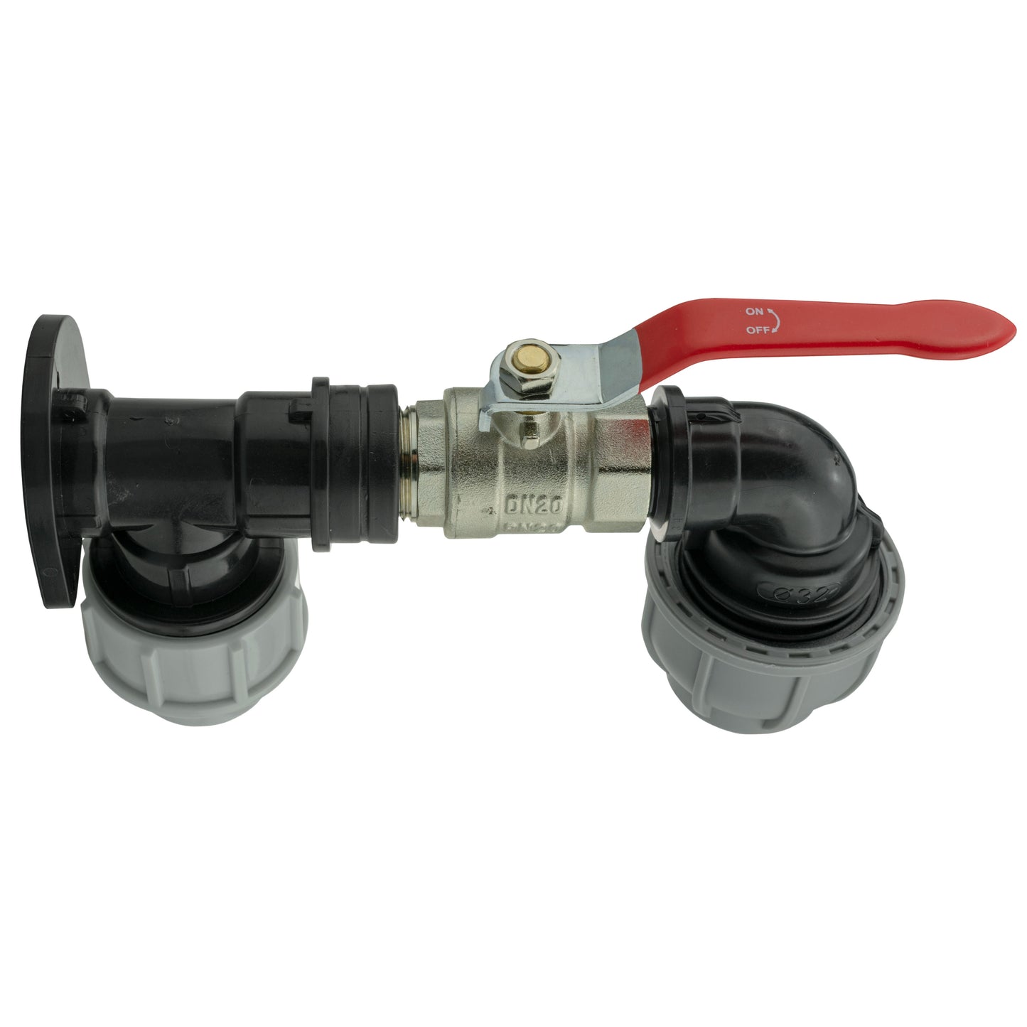 Wall Flange Kit 25mm MDPE + Lever Valve + 32mm MDPE Elbow for Hose Connector Set