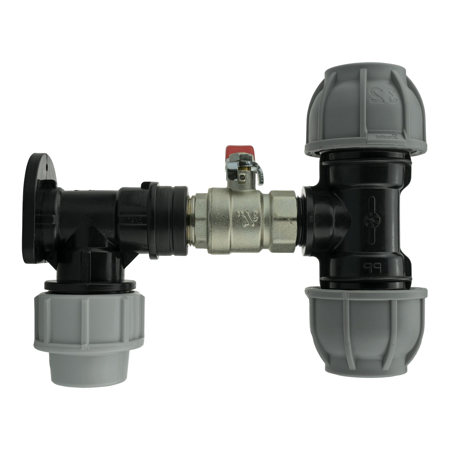 Wall Flange Kit 25mm MDPE + Lever Valve + 32mm MDPE Tee for Brass Water Fitting
