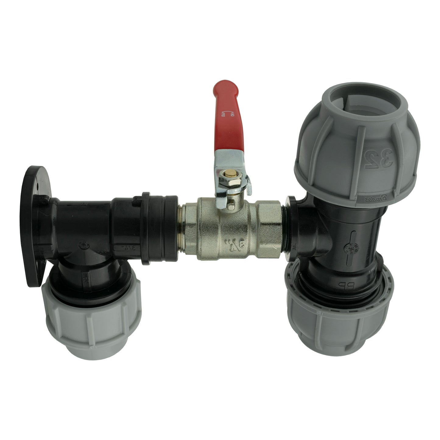 Wall Flange Kit 25mm MDPE + Lever Valve + 32mm MDPE Tee for Brass Water Fitting