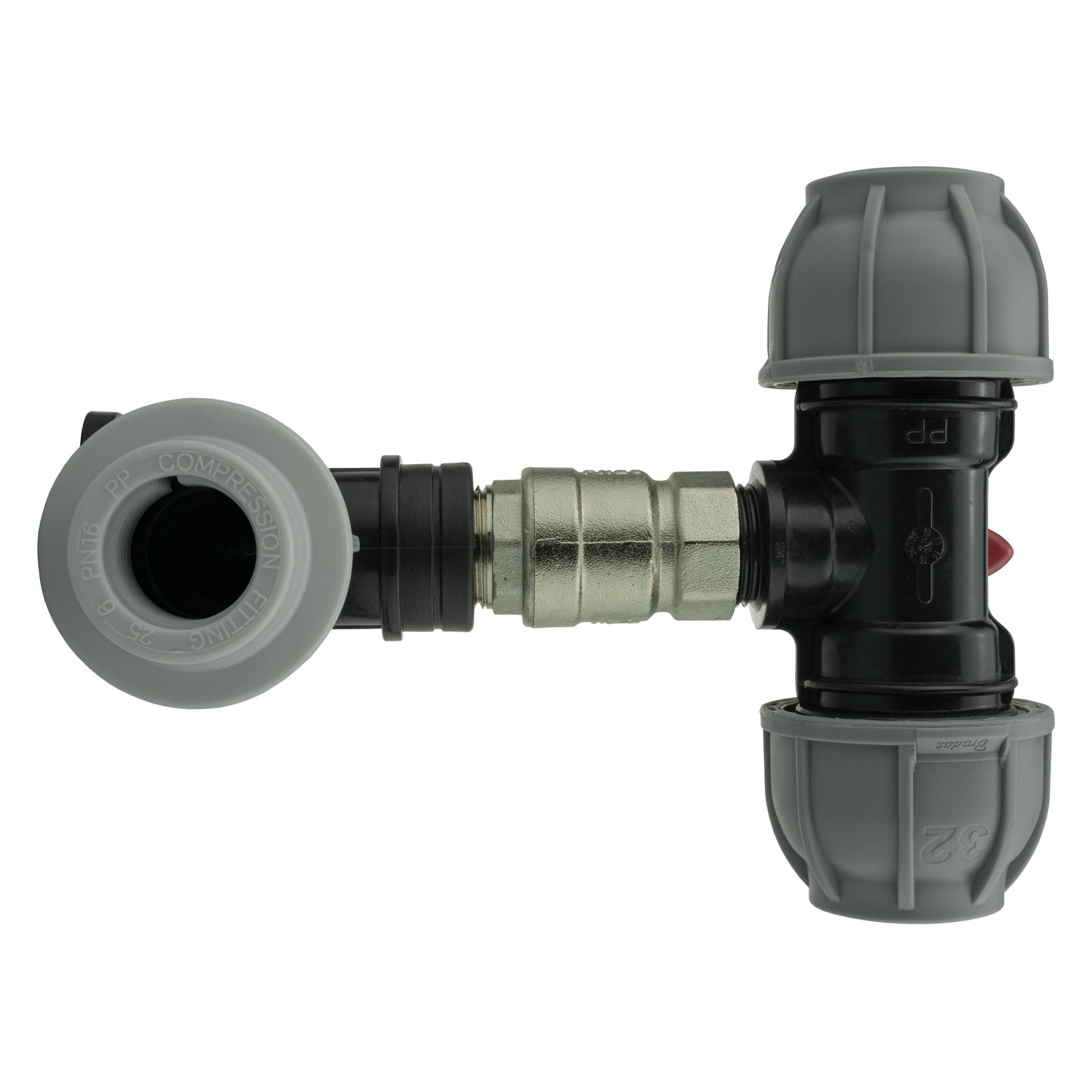 Wall Flange Kit 25mm MDPE + Lever Valve + 32mm MDPE Tee for Brass Water Fitting