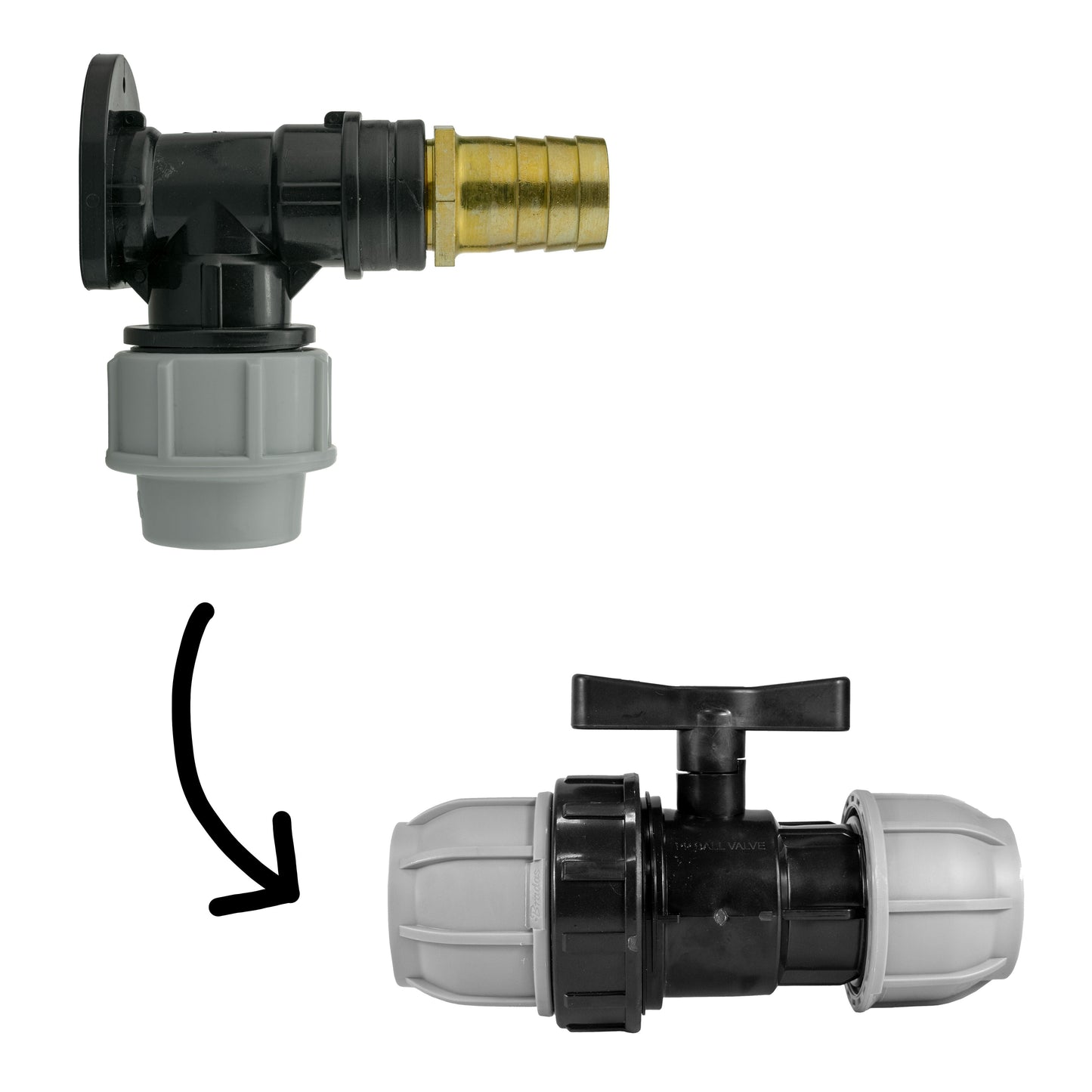 Wall Flange Kit 25mm MDPE + MDPE Valve + 25mm Brass Barb for Brass Water Fitting